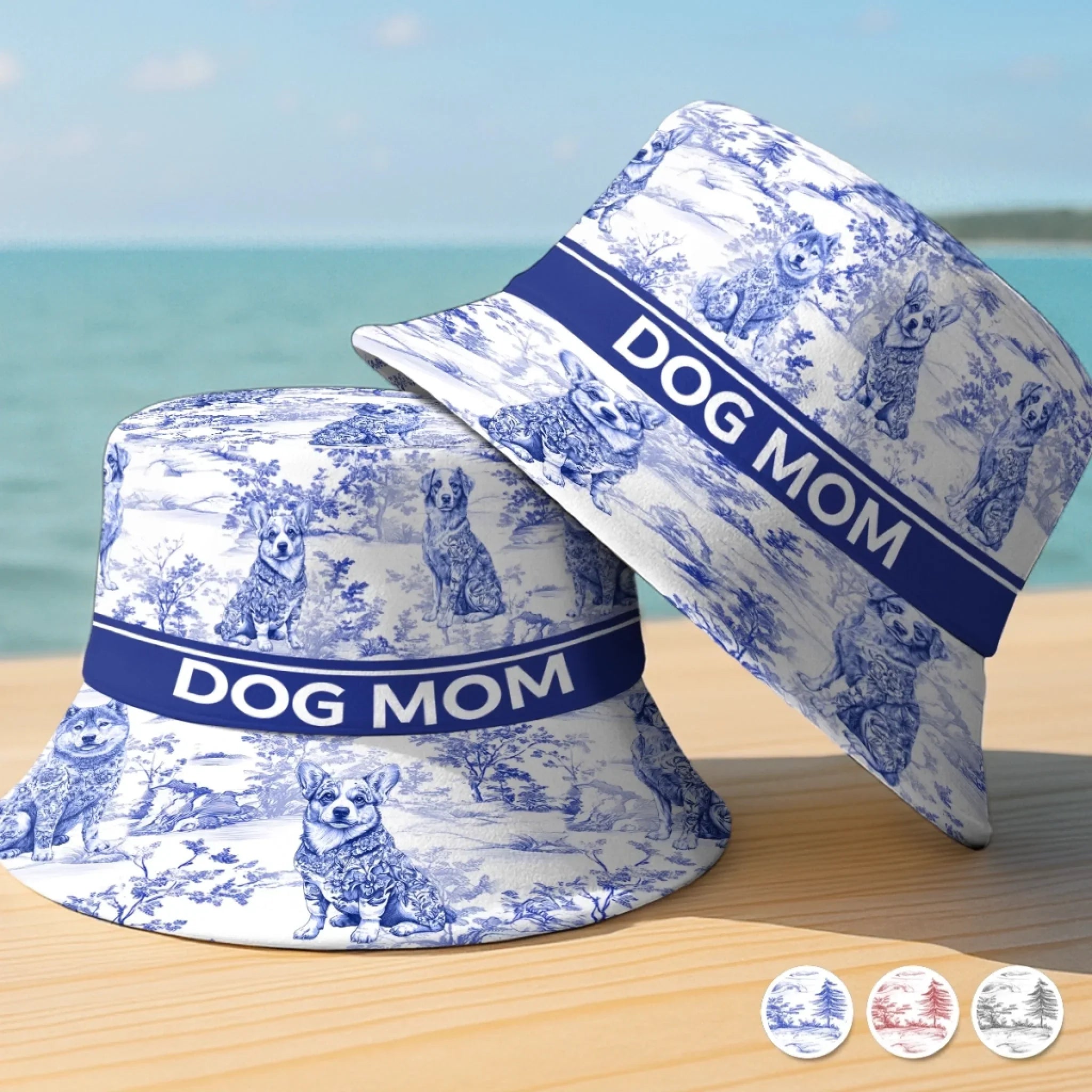 Custom Bucket Hat - Personalized Birthday Gifts For Dog Lovers, Dog Dad And Mom - Blue Toile, Golden Souls