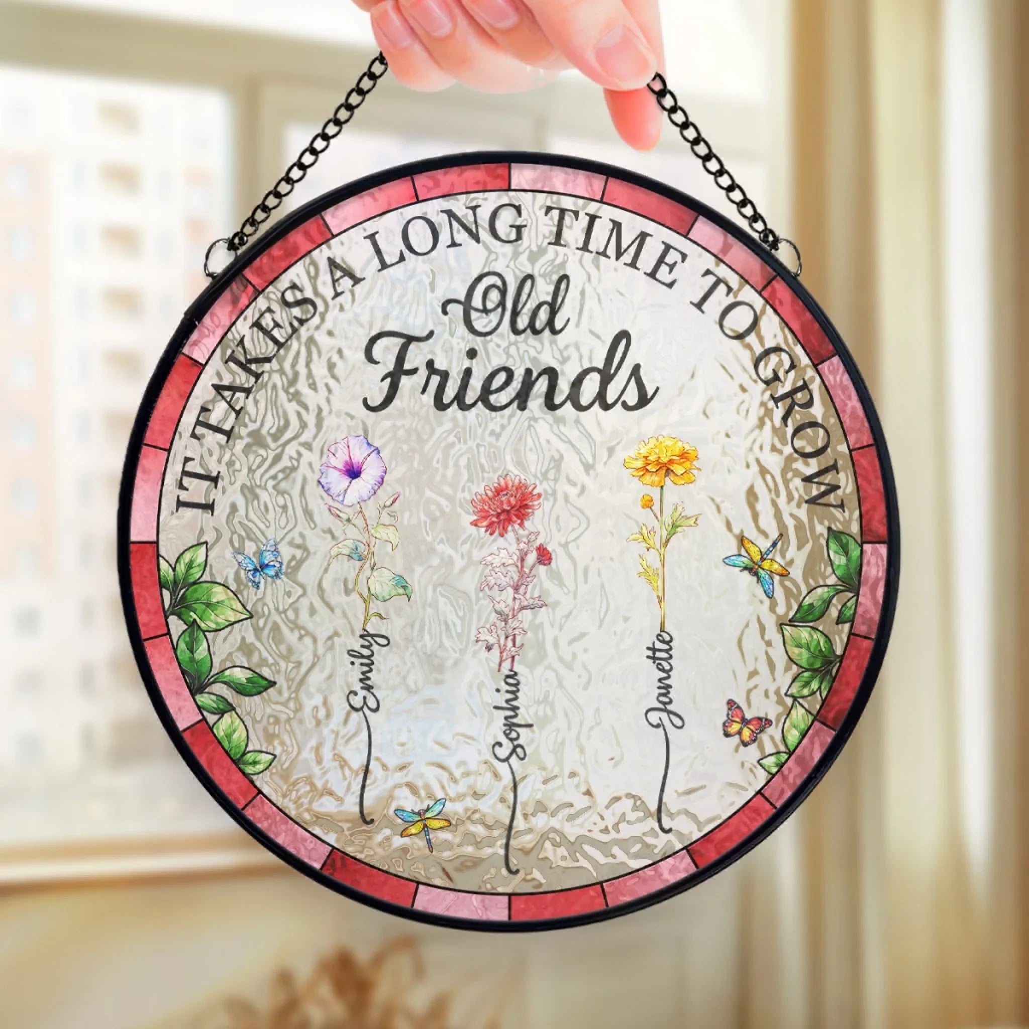 Blooming Together Through The Years - Bestie Personalized Custom Stained Glass Window Hanging Suncatcher - Gift For Best Friends, BFF, Sisters
