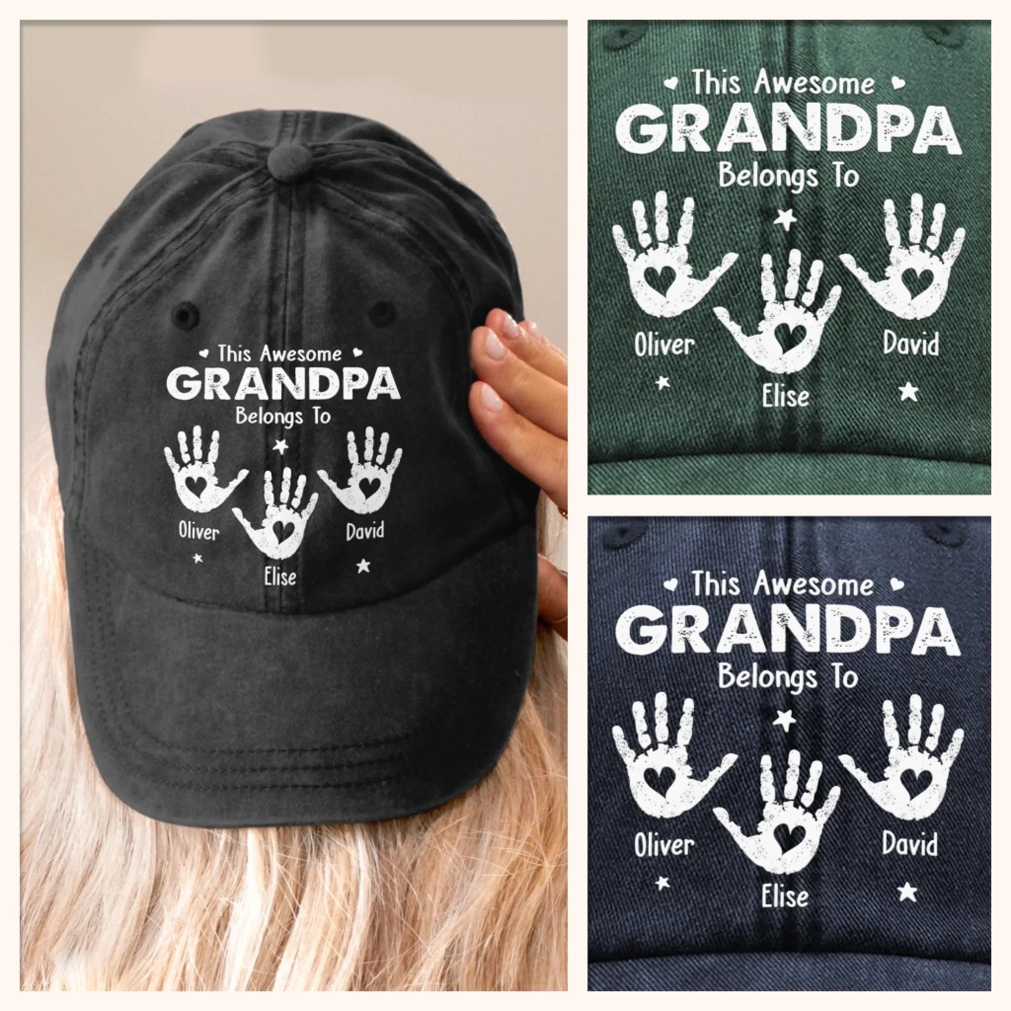 Custom Vintage Washed Denim Baseball Cap - Personalized Birthday Gifts For Dad, Grandpa - Proud Grandpa Of Little Hands