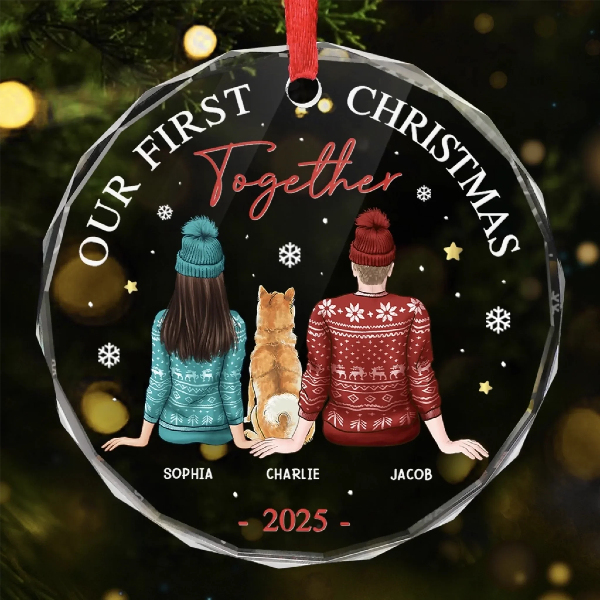 We're Together - Dog & Cat Personalized Custom Circle Glass Ornament - Christmas Gift For Husband Wife, Anniversary, First Christmas, Pet Owners, Pet Lovers