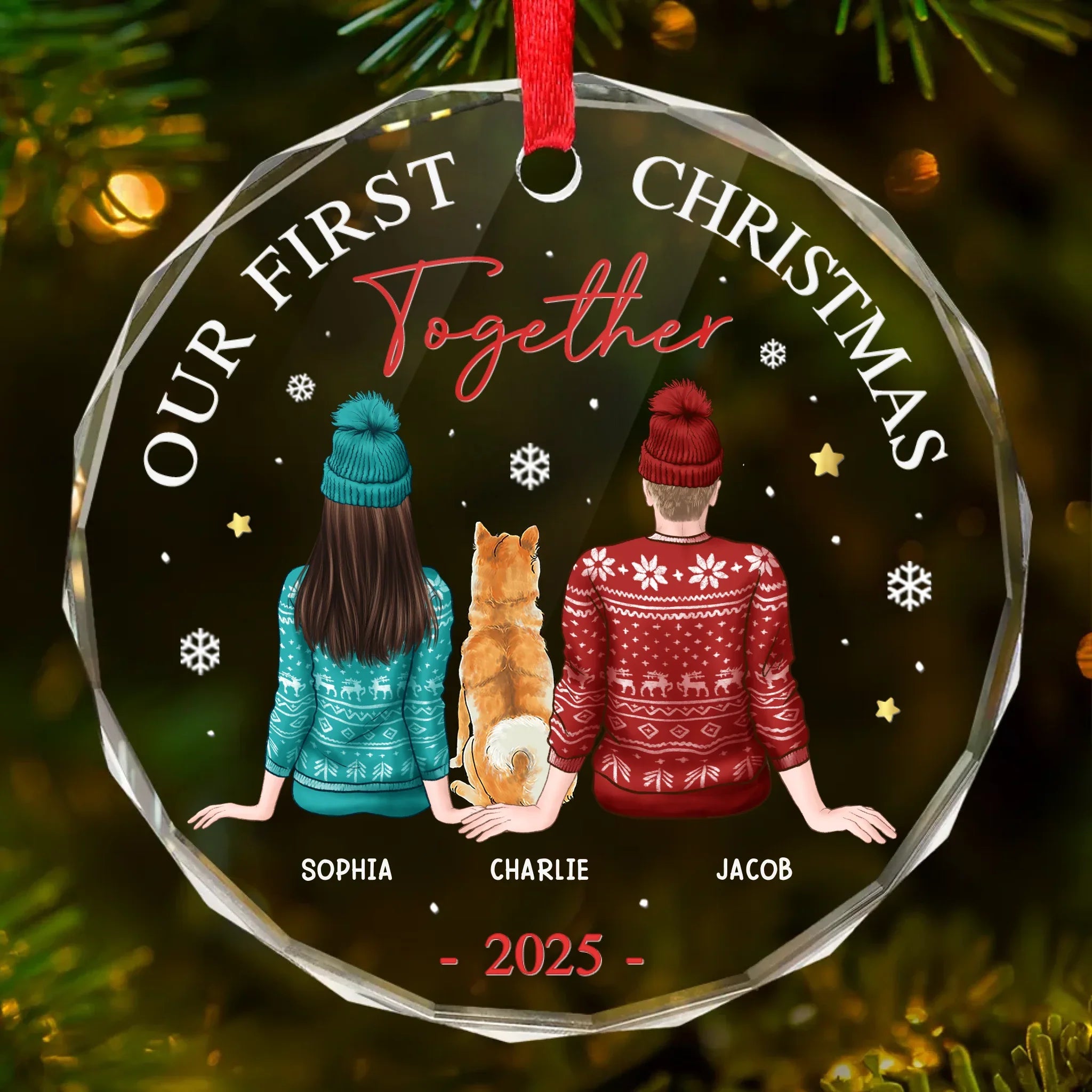 We're Together - Dog & Cat Personalized Custom Circle Glass Ornament - Christmas Gift For Husband Wife, Anniversary, First Christmas, Pet Owners, Pet Lovers