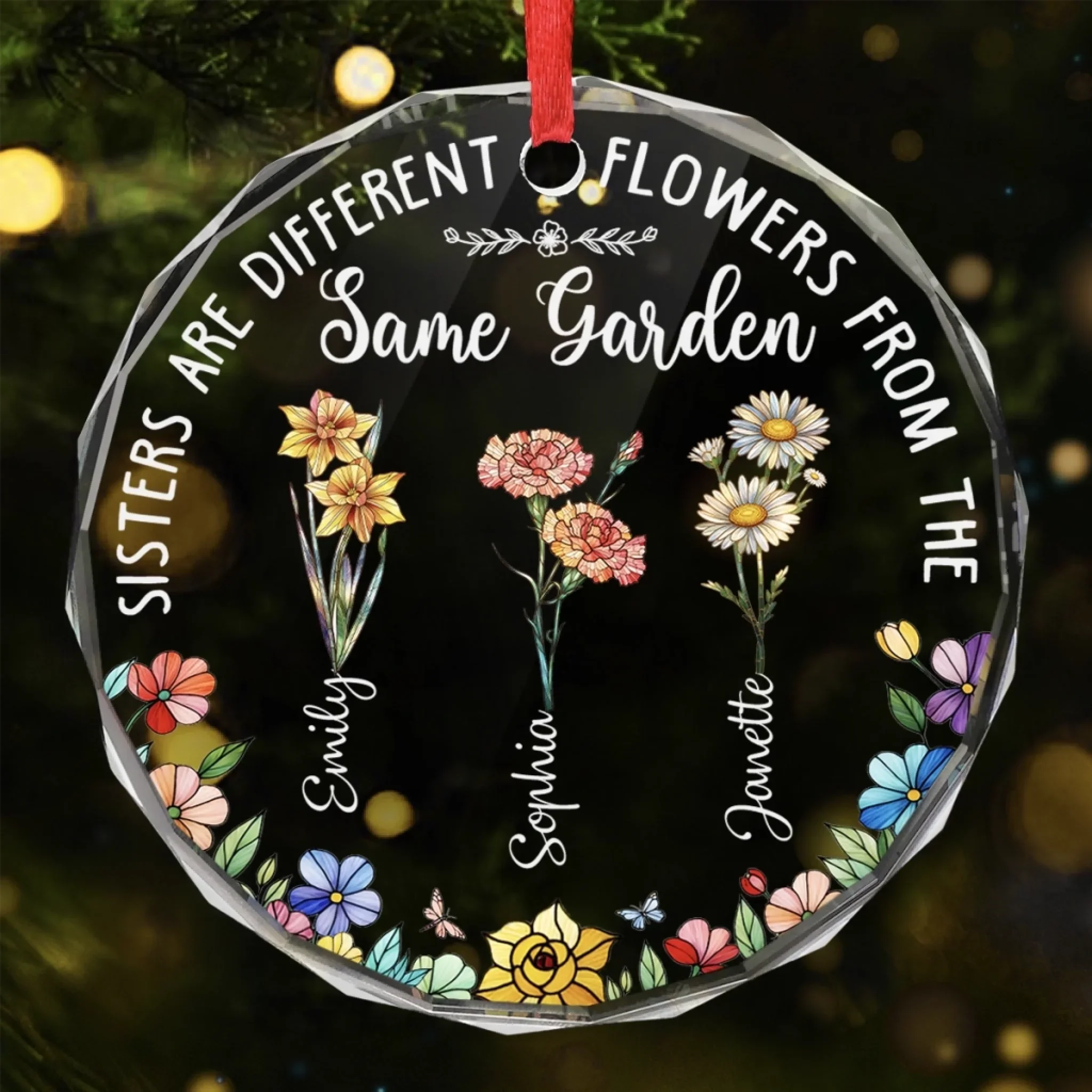 Custom Circle Glass Ornament - Personalized Christmas Best Friend Birthday Gifts For Women, Besties, Sisters, BFF - Unique Flowers One Garden Sisters