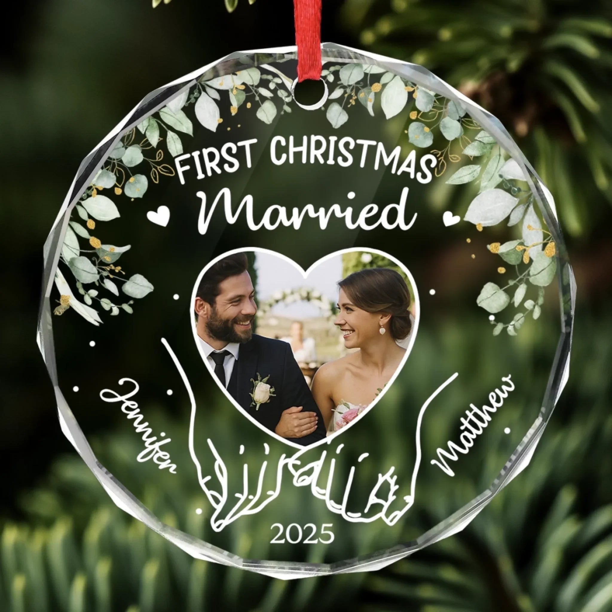 Custom Photo Circle Glass Ornament - Personalized Anniversary Christmas Wedding Gifts For Husband And Wife, Him And Her - Wrapped In Love, Tied With Joy