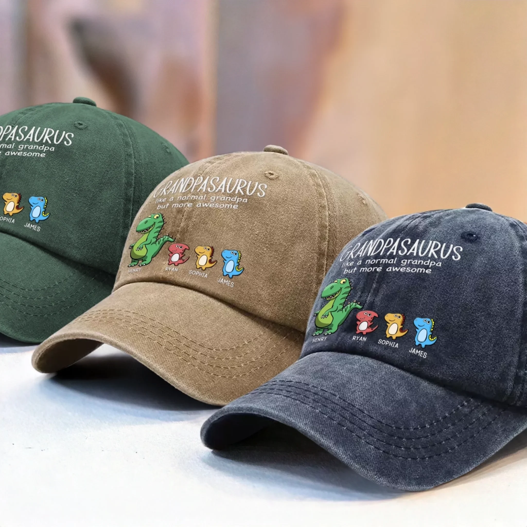 Custom Vintage Washed Denim Baseball Cap - Personalized Birthday Gifts For Dad, Grandpa - Grandpasaurus Rules The Roost