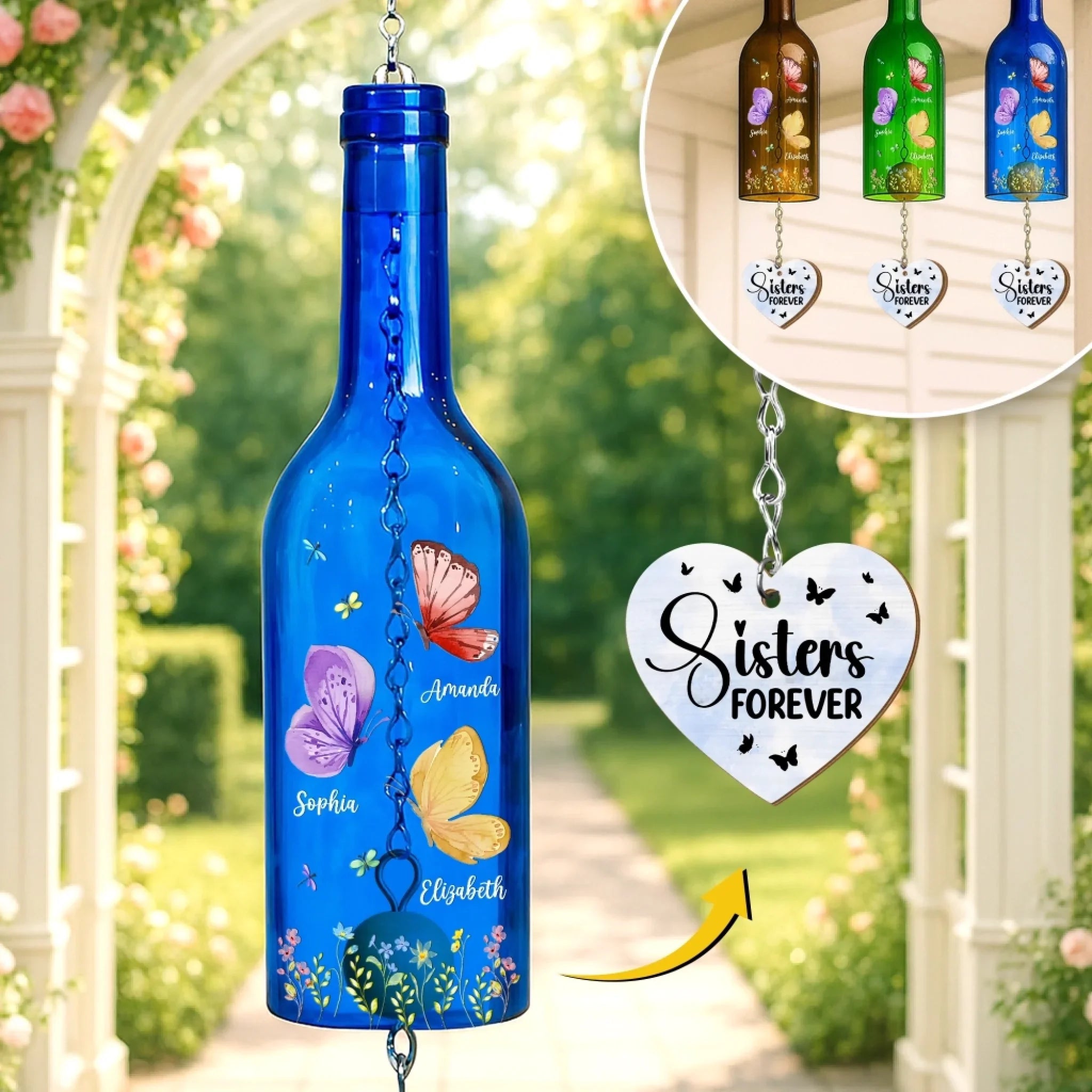 Custom Wine Bottle Wind Chime - Personalized Best Friend Birthday Gifts For Women, Besties, Sisters, BFF - Sisters Make Life Beautiful
