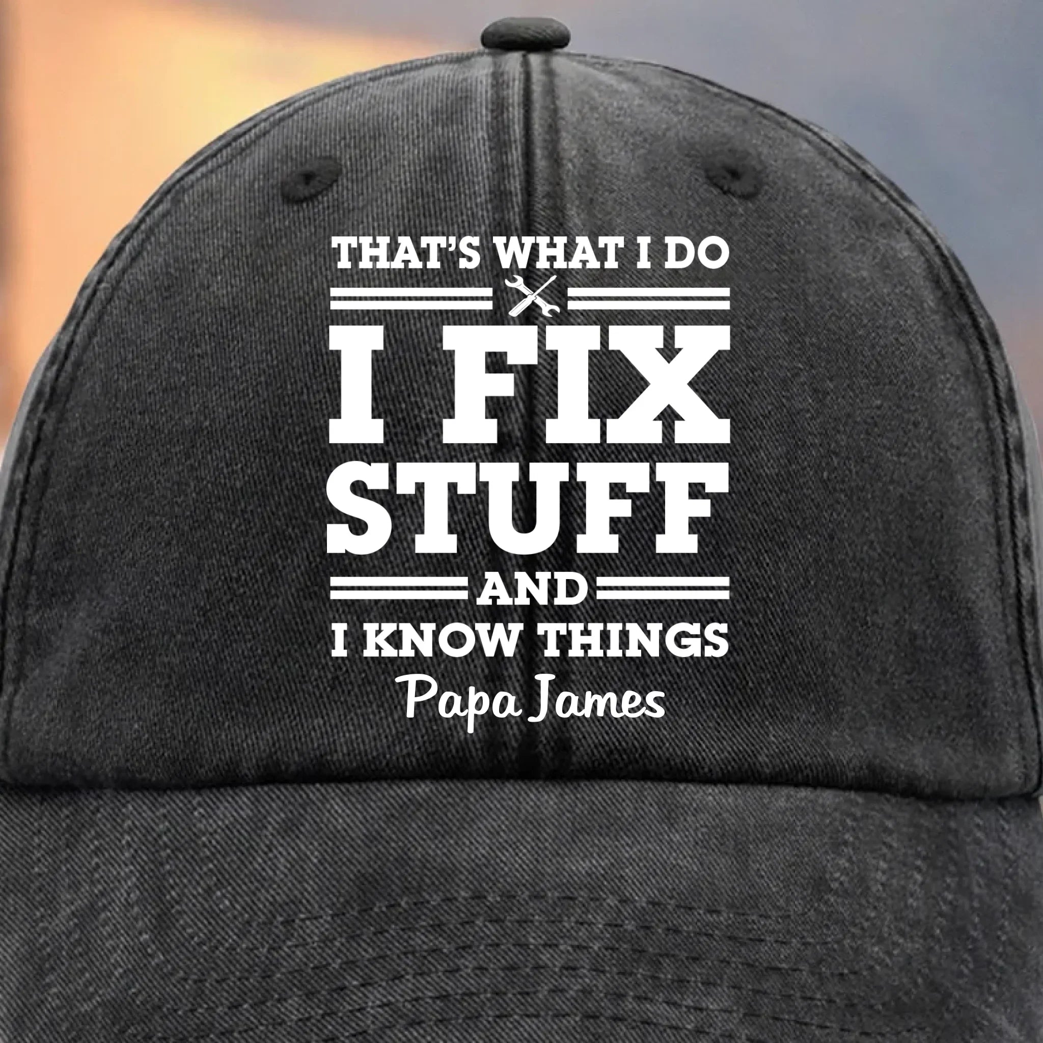 Papa Knows, Papa Fixes - Family Personalized Custom Vintage Washed Denim Baseball Cap - Father's Day, Gift For Dad, Grandpa