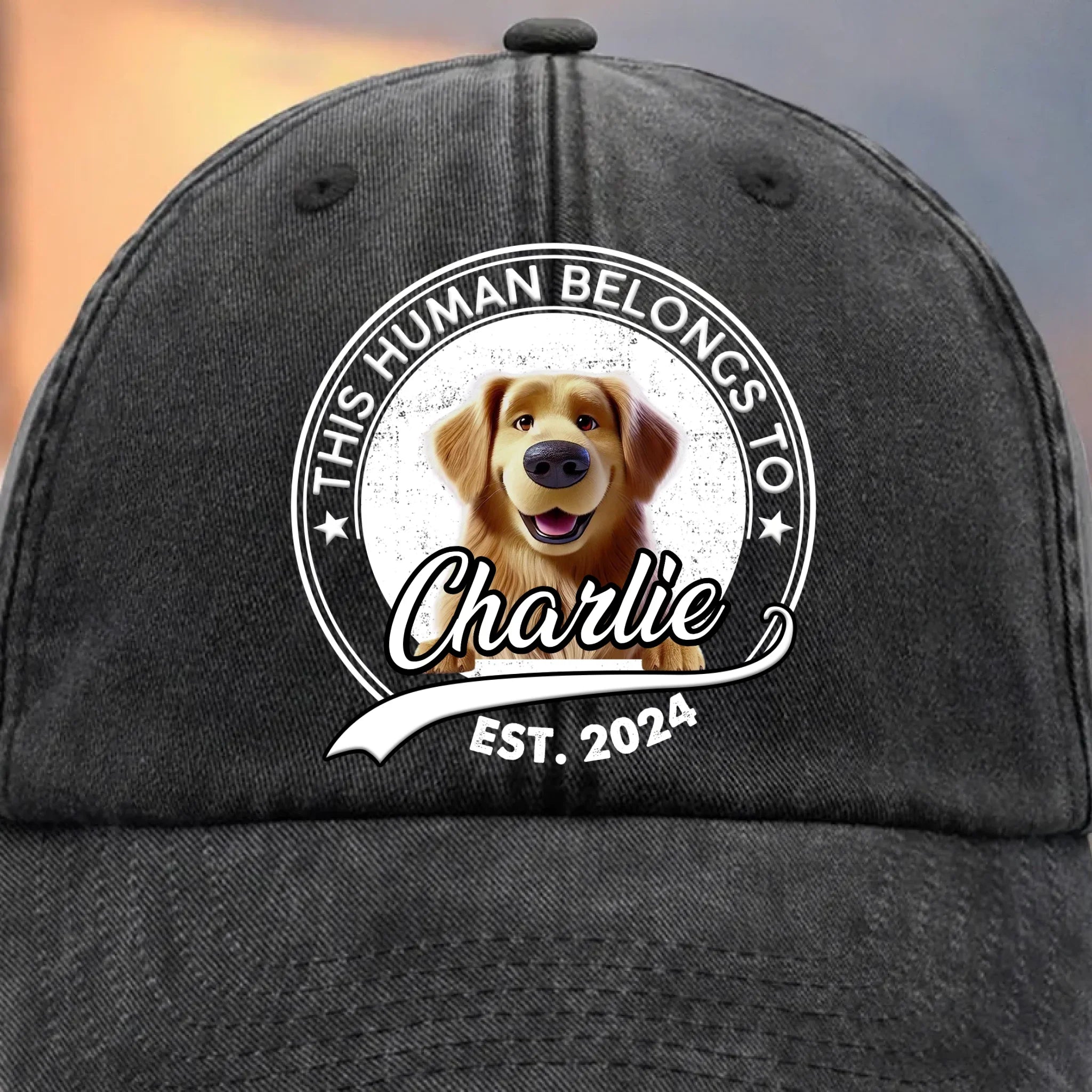 This Human Belongs To Me - Dog Personalized Custom Vintage Washed Denim Baseball Cap - Father's Day, Mother's Day, Gift For Mom, Dad, Pet Owners, Pet Lovers