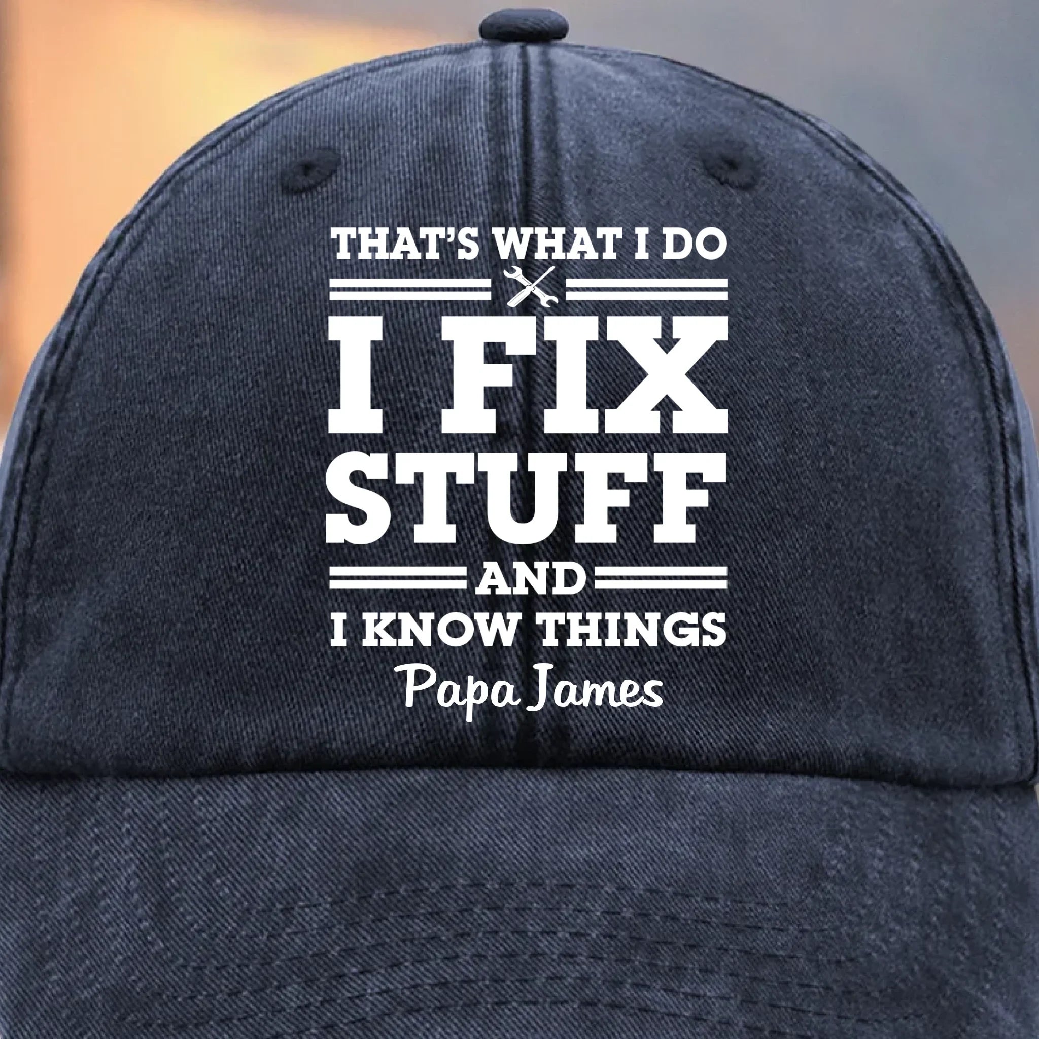 Papa Knows, Papa Fixes - Family Personalized Custom Vintage Washed Denim Baseball Cap - Father's Day, Gift For Dad, Grandpa
