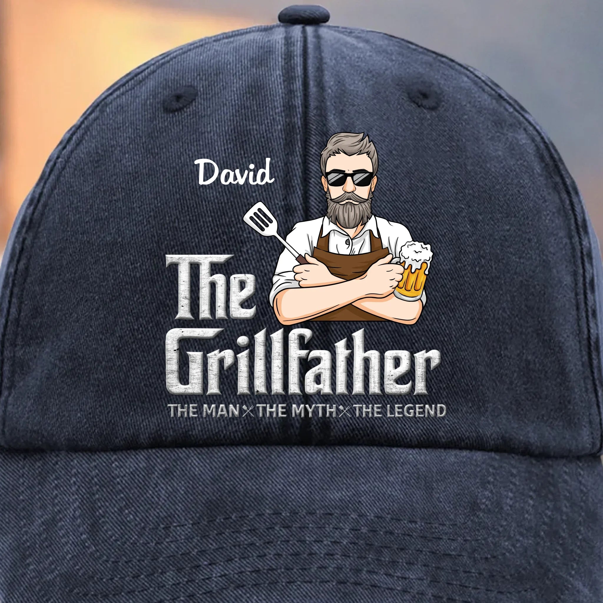 The Grillfather - Family Personalized Custom Vintage Washed Denim Baseball Cap - Father's Day, Gift For Dad, Grandpa