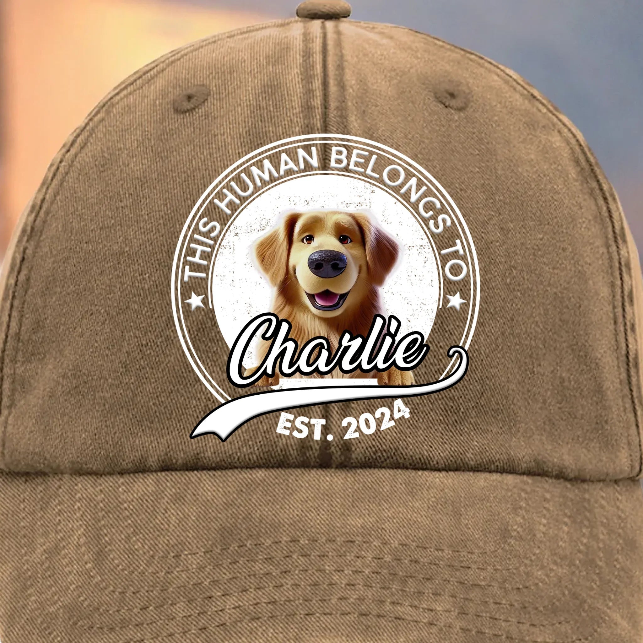 This Human Belongs To Me - Dog Personalized Custom Vintage Washed Denim Baseball Cap - Father's Day, Mother's Day, Gift For Mom, Dad, Pet Owners, Pet Lovers
