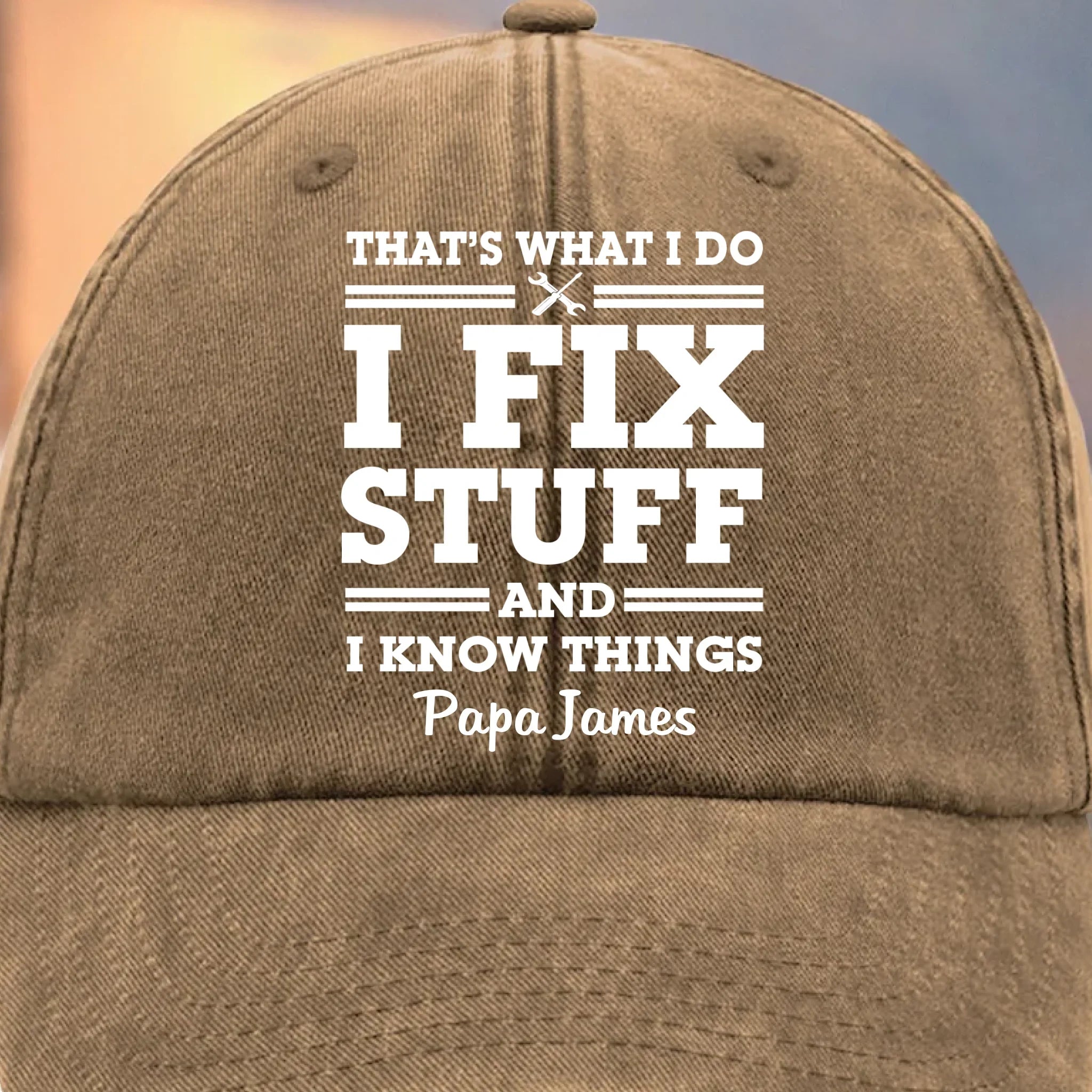 Papa Knows, Papa Fixes - Family Personalized Custom Vintage Washed Denim Baseball Cap - Father's Day, Gift For Dad, Grandpa