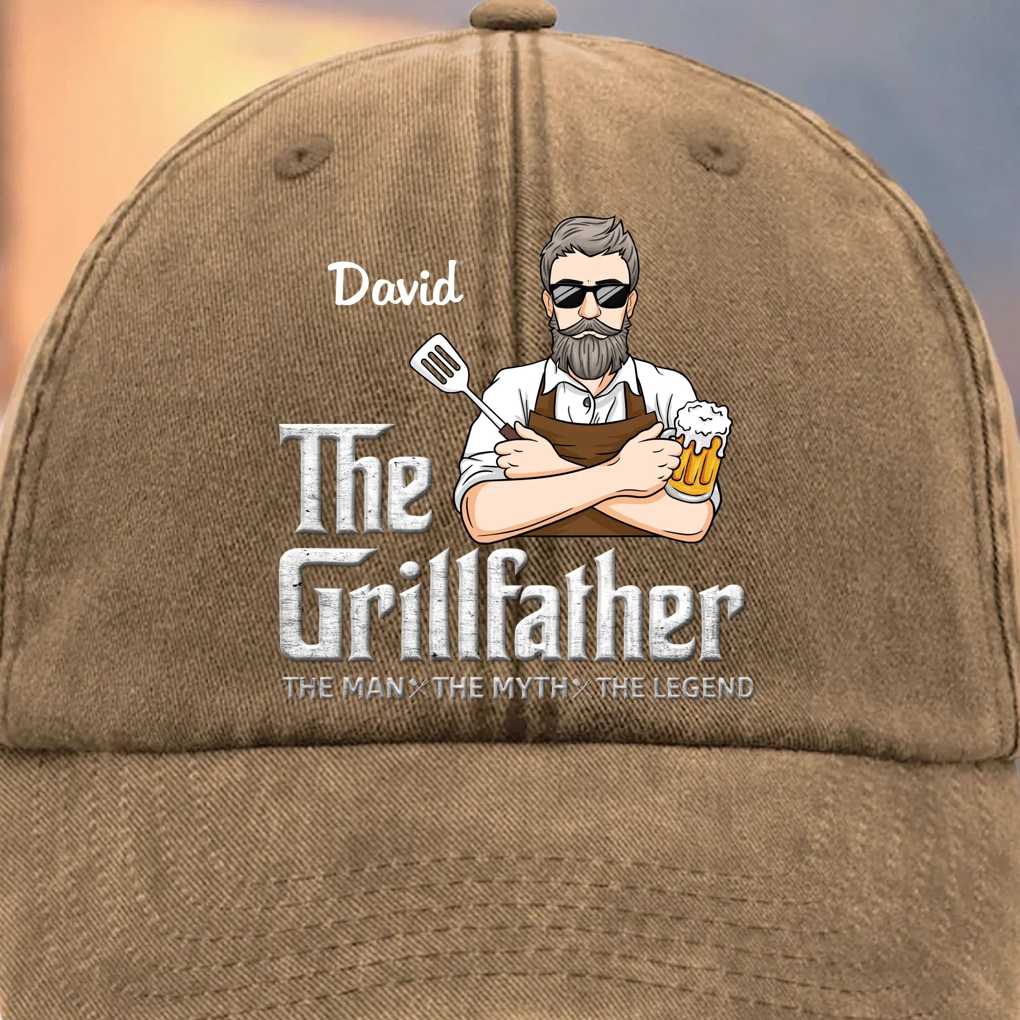 The Grillfather - Family Personalized Custom Vintage Washed Denim Baseball Cap - Father's Day, Gift For Dad, Grandpa