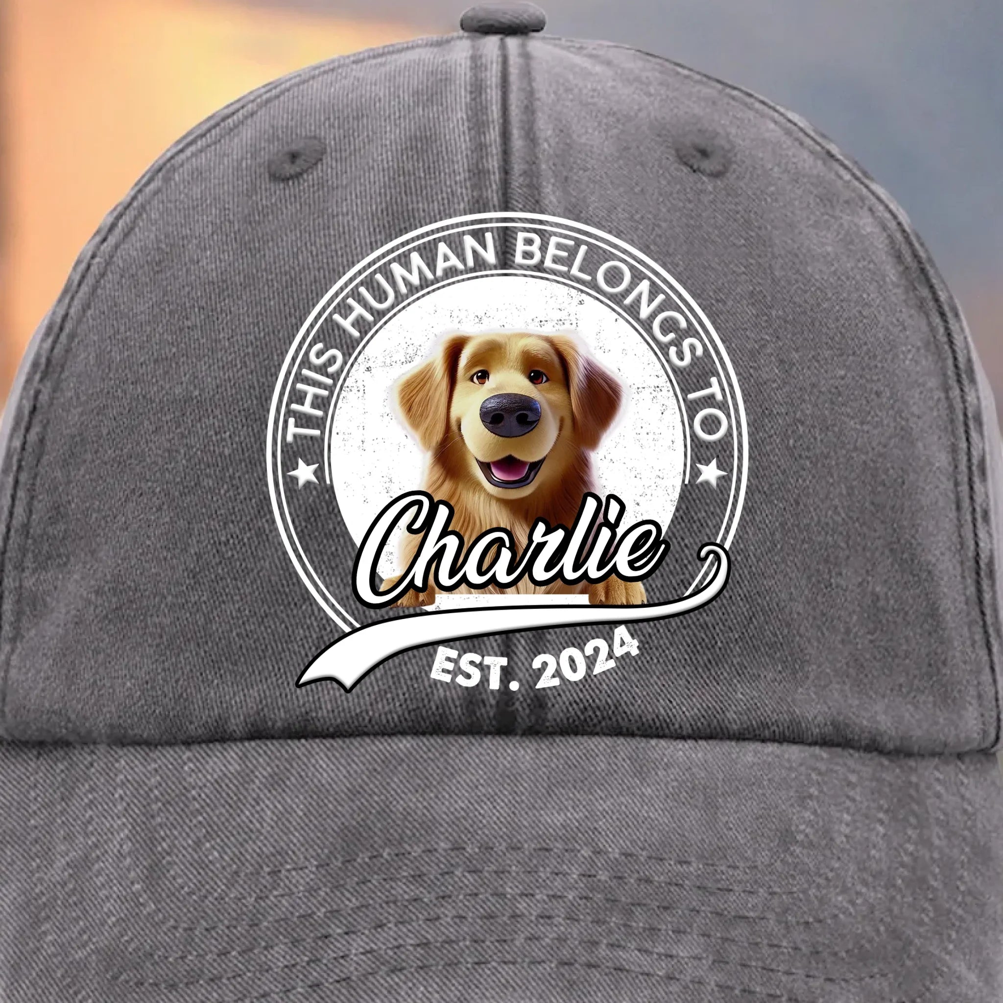 This Human Belongs To Me - Dog Personalized Custom Vintage Washed Denim Baseball Cap - Father's Day, Mother's Day, Gift For Mom, Dad, Pet Owners, Pet Lovers