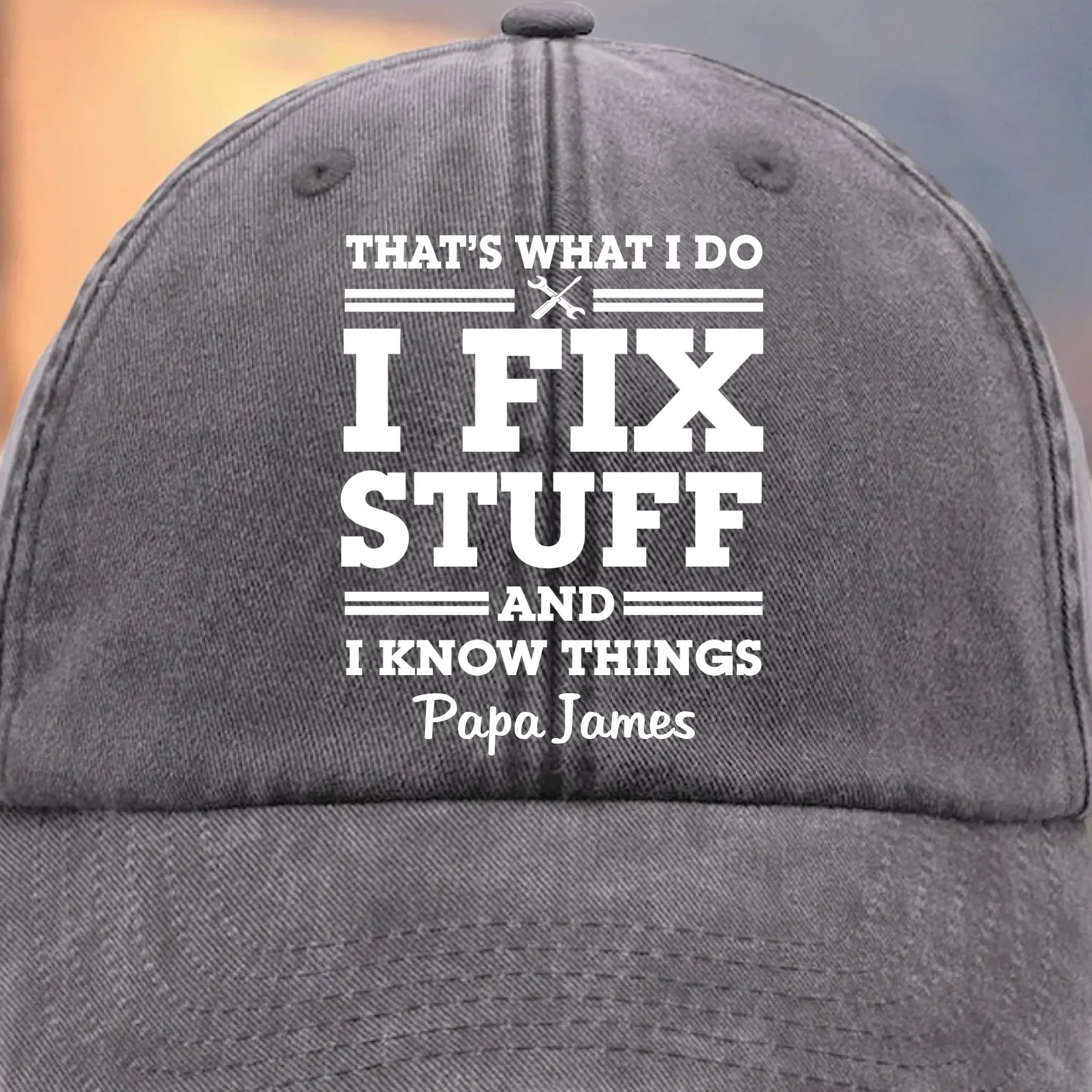 Papa Knows, Papa Fixes - Family Personalized Custom Vintage Washed Denim Baseball Cap - Father's Day, Gift For Dad, Grandpa
