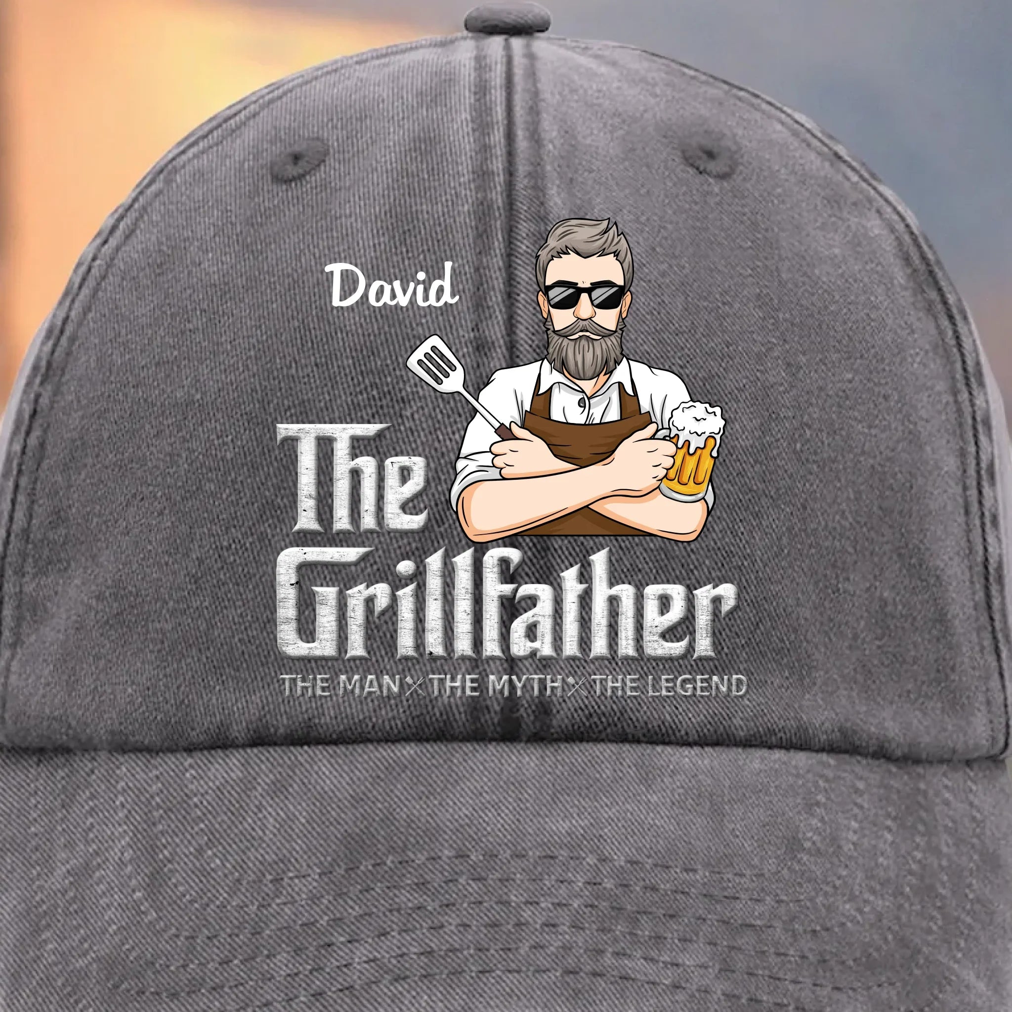 The Grillfather - Family Personalized Custom Vintage Washed Denim Baseball Cap - Father's Day, Gift For Dad, Grandpa