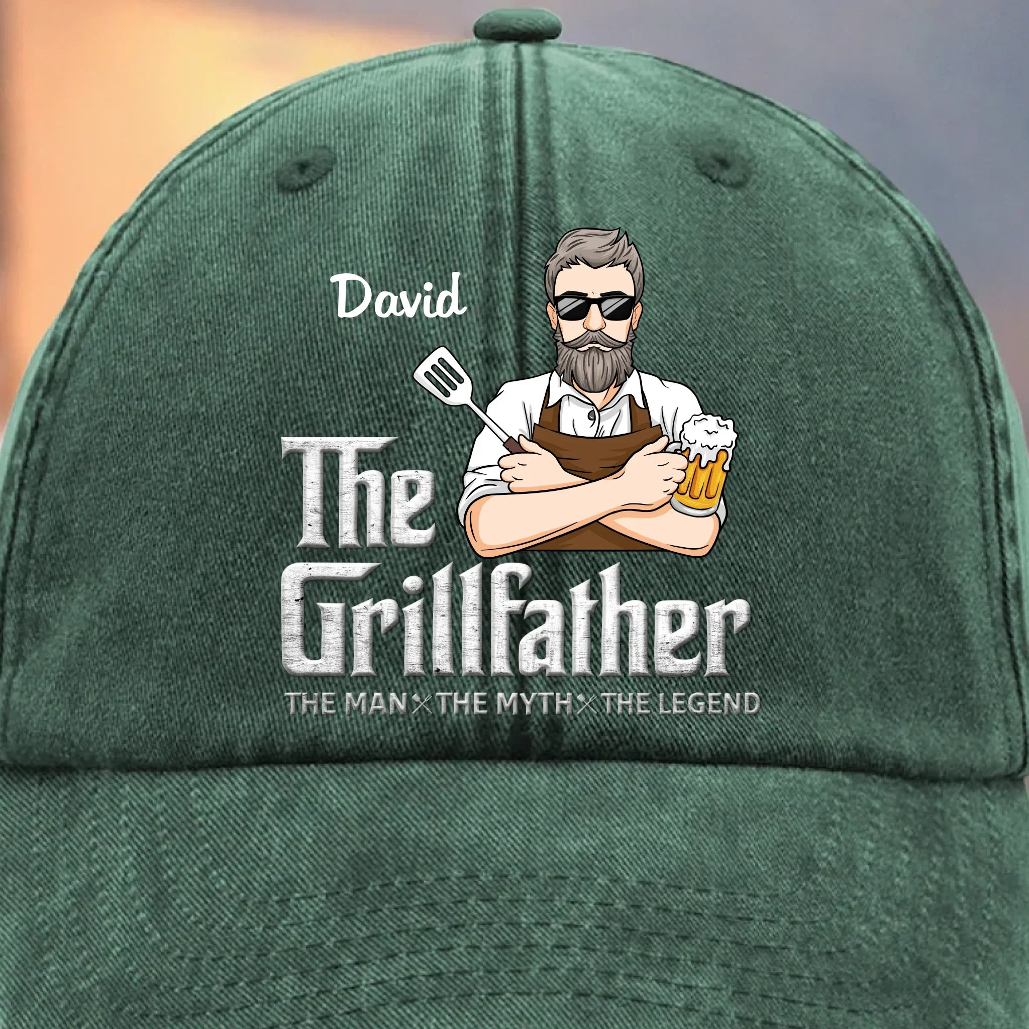The Grillfather - Family Personalized Custom Vintage Washed Denim Baseball Cap - Father's Day, Gift For Dad, Grandpa
