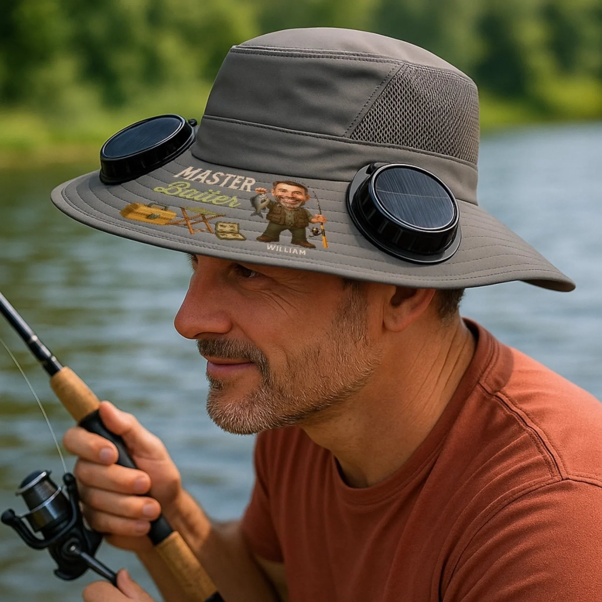 Custom Photo Hat With Fans Solar Power - Personalized Birthday Fishing Gifts For Fisherman, Dad, Grandpa - Reel Legends Never Die