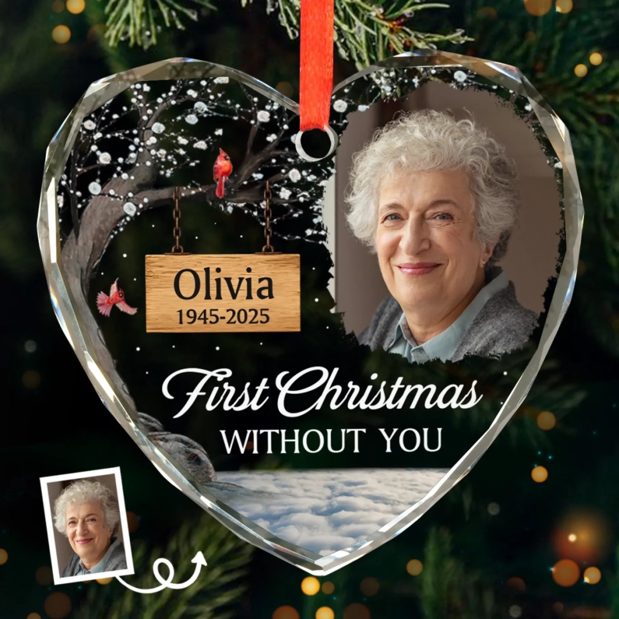 Custom Photo Heart Glass Ornament - Personalized Memorial Sympathy Gifts For Loss Of Mom, Dad - First Christmas Without You