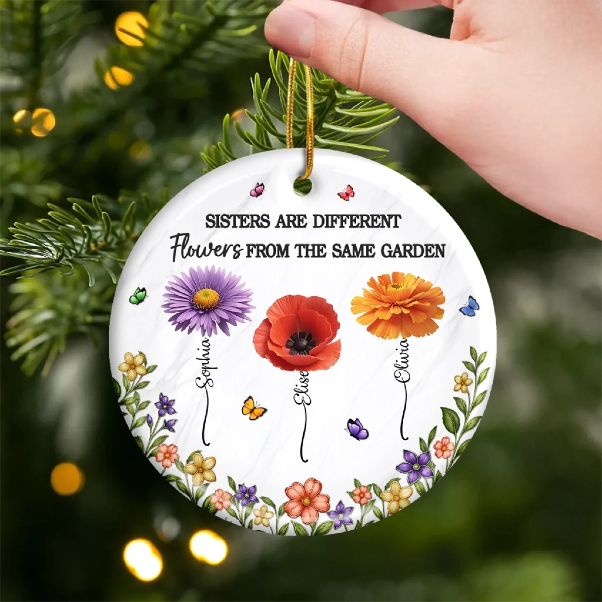 Custom Ceramic Ornament - Personalized Best Friend Christmas Birthday Gifts For Women, Besties, Sisters, BFF - Different Flowers, One Bond