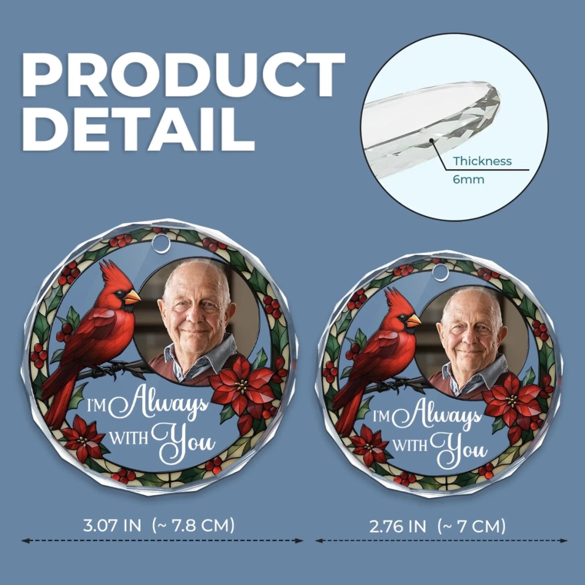 Custom Photo Circle Glass Ornament - Personalized Christmas Memorial Sympathy Gifts For Loss Of Mom, Dad - Never Apart, Always Close