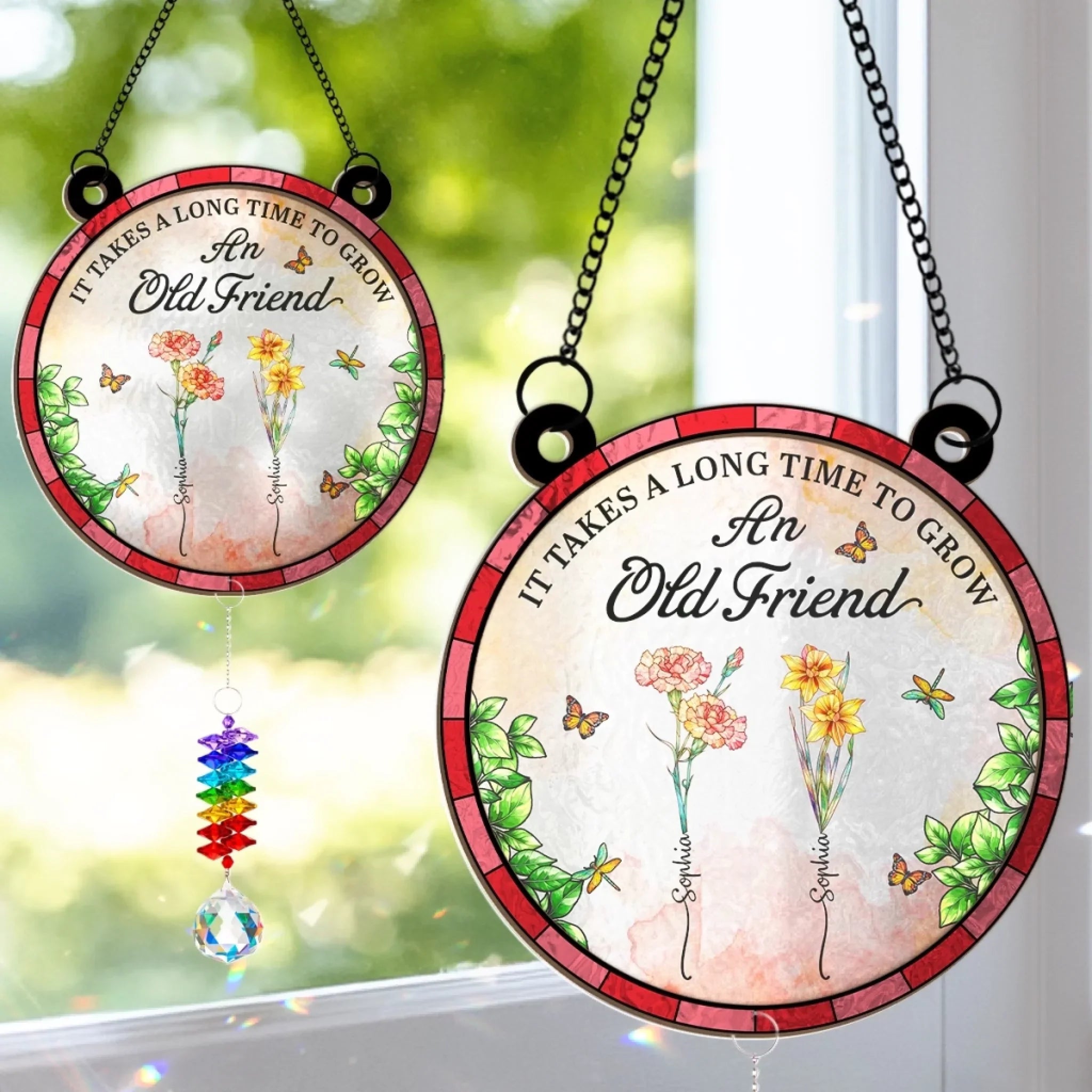 Custom Wood And Acrylic Suncatcher With Crystal Prism - Personalized Best Friend Birthday Gifts For Women, Besties, Sisters, BFF - Old Friends, New Memories