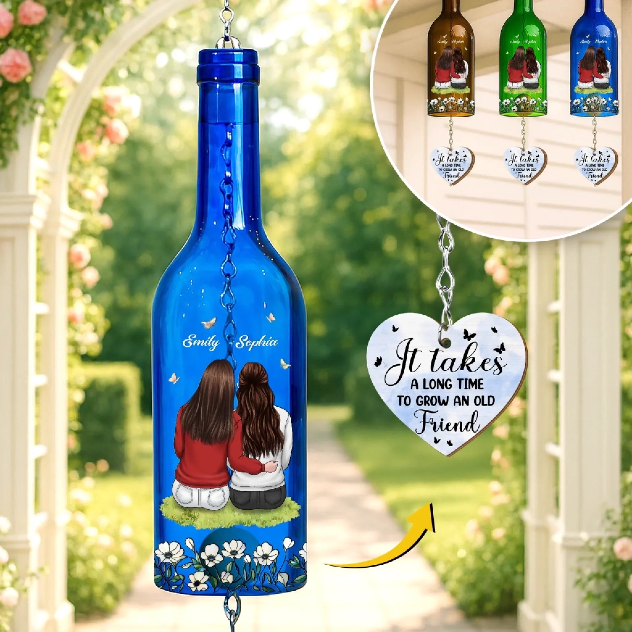 Custom Wine Bottle Wind Chime - Personalized Best Friend Birthday Gifts For Women, Besties, Sisters, BFF - Side By Side, Heart To Heart