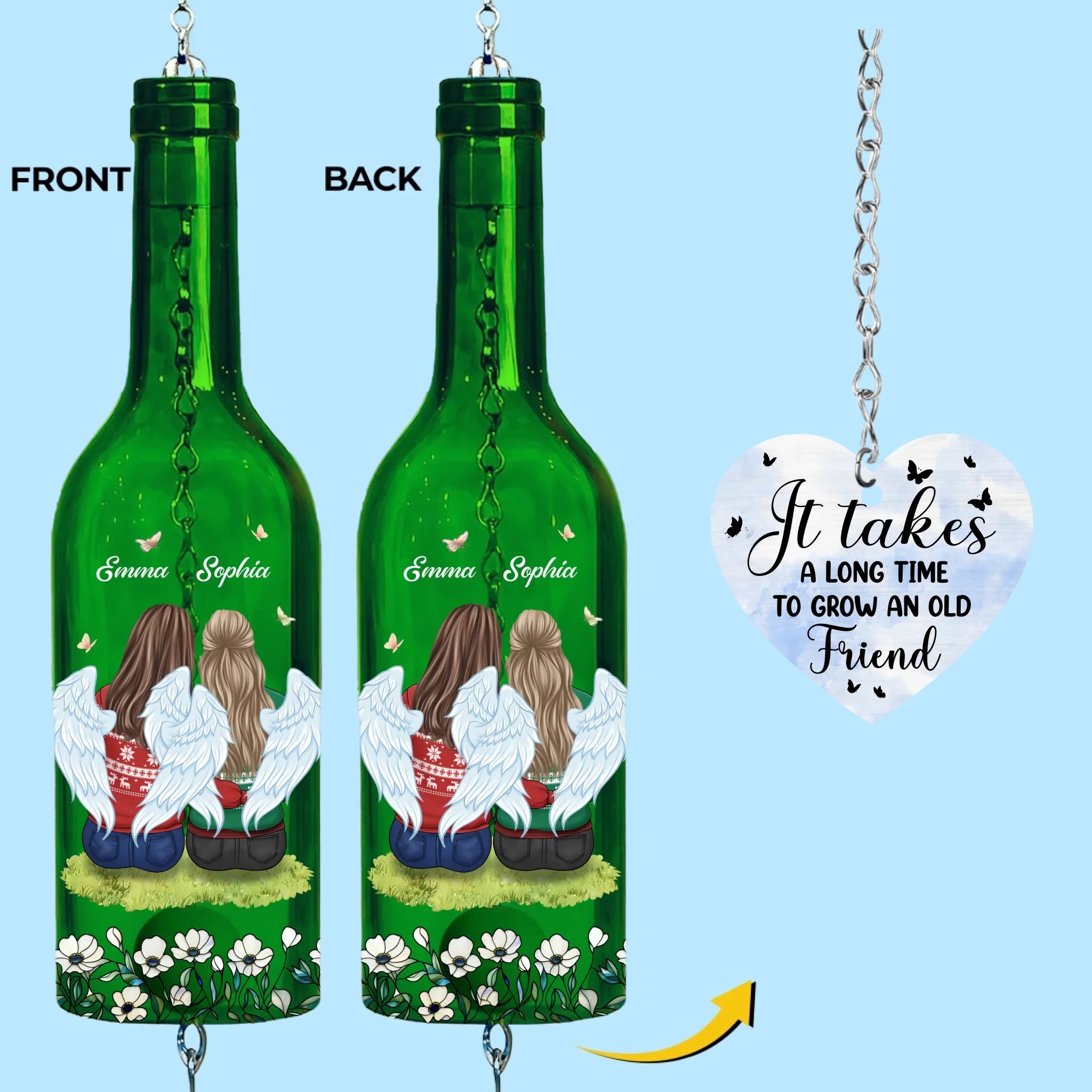 Custom Wine Bottle Wind Chime - Personalized Best Friend Birthday Gifts For Women, Besties, Sisters, BFF - Side By Side, Heart To Heart