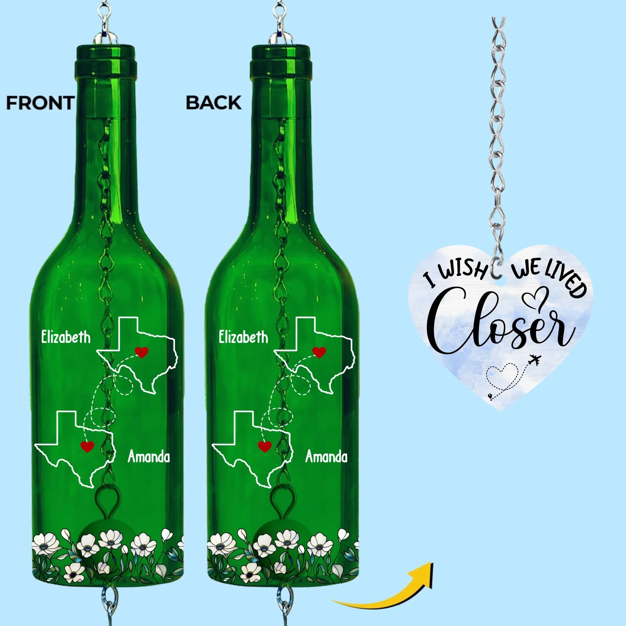 Custom Long Distance Wine Bottle Wind Chime - Personalized Best Friend Birthday Gifts For Women, Besties, Sisters, BFF - Far But Always In Heart