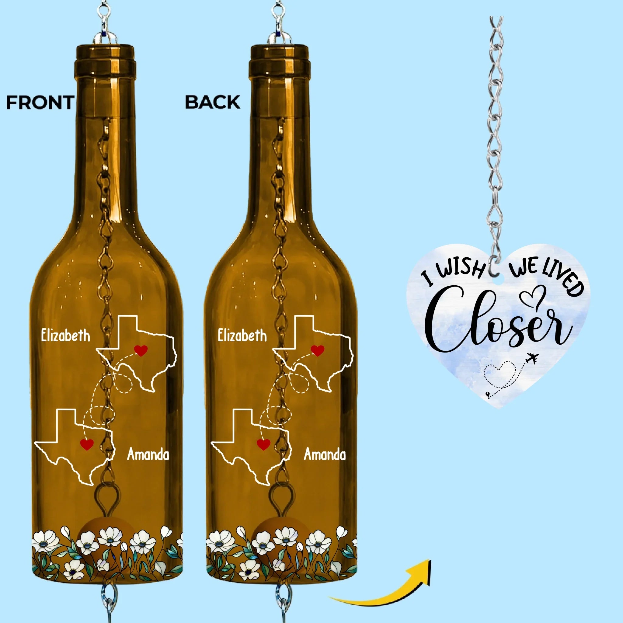 Custom Long Distance Wine Bottle Wind Chime - Personalized Best Friend Birthday Gifts For Women, Besties, Sisters, BFF - Far But Always In Heart