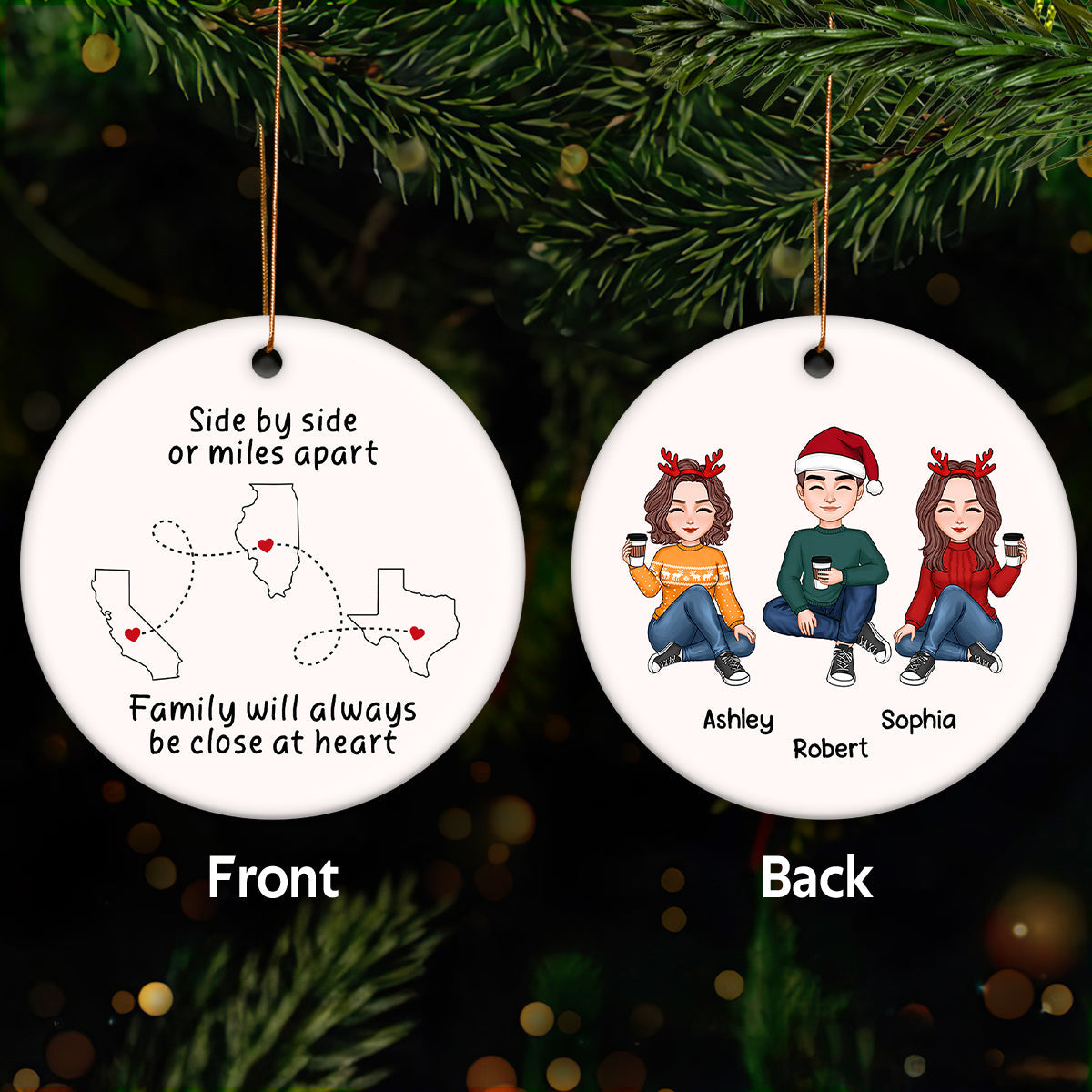 Side By Side Or Miles Apart Long Distance Family Friends Grandparent Cousin Gift Personalized Ceramic Ornament