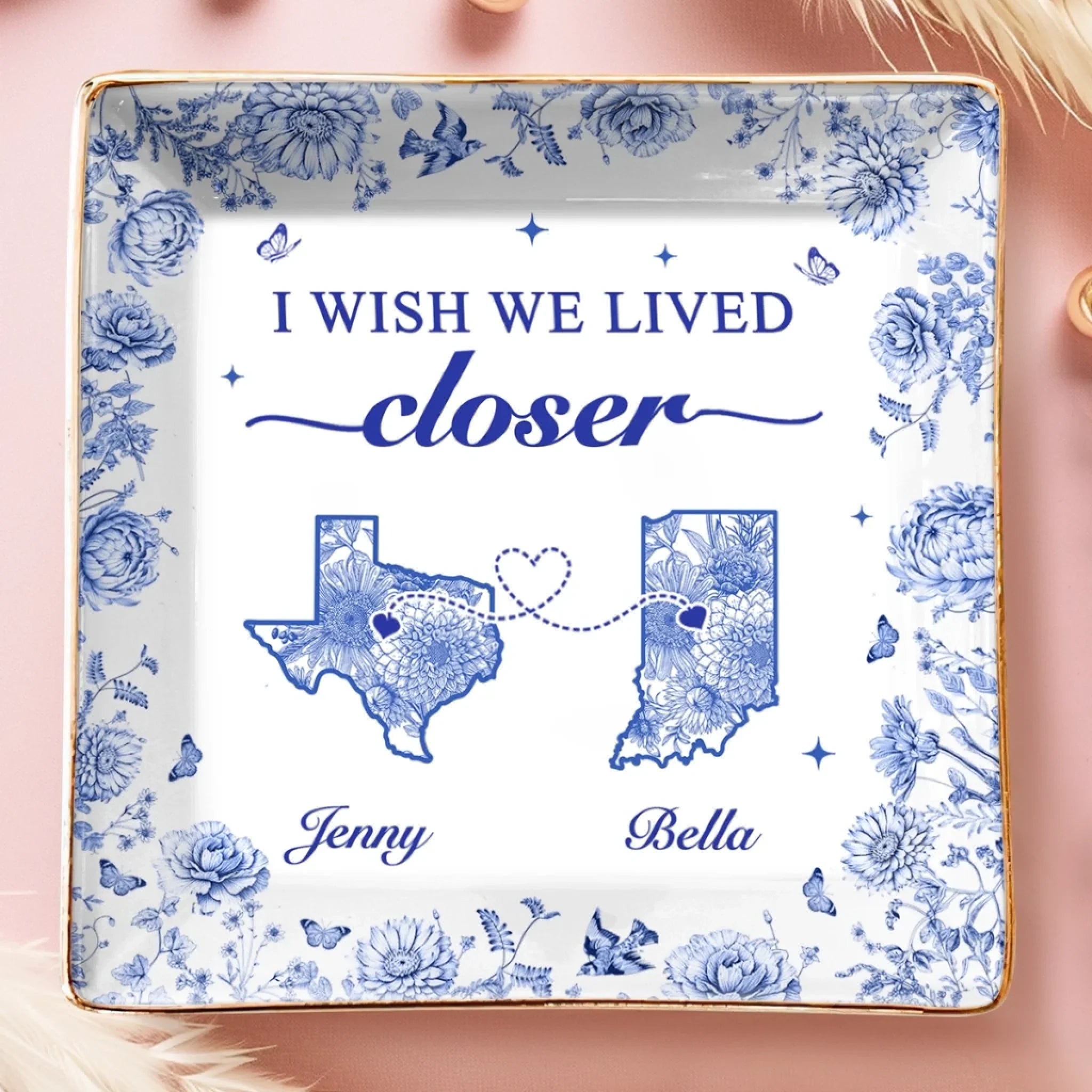 Custom Long Distance Full-Print Jewelry Dish - Personalized Best Friend Birthday Gifts For Women, Besties, Sisters, BFF  - Miles Apart, Hearts Together
