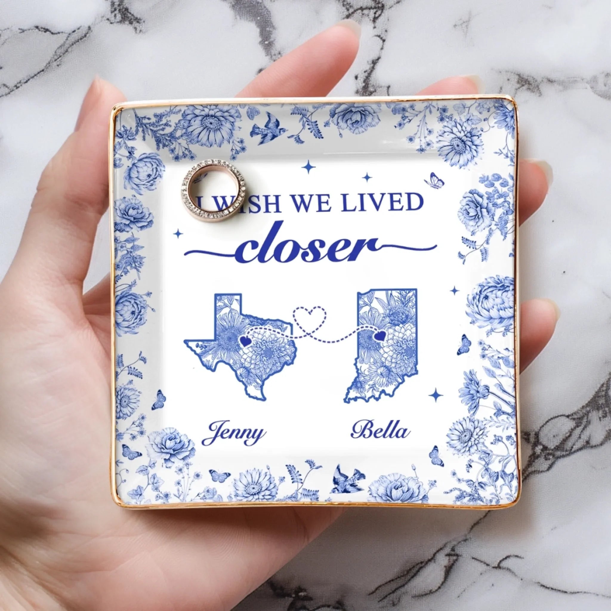 Custom Long Distance Full-Print Jewelry Dish - Personalized Best Friend Birthday Gifts For Women, Besties, Sisters, BFF  - Miles Apart, Hearts Together