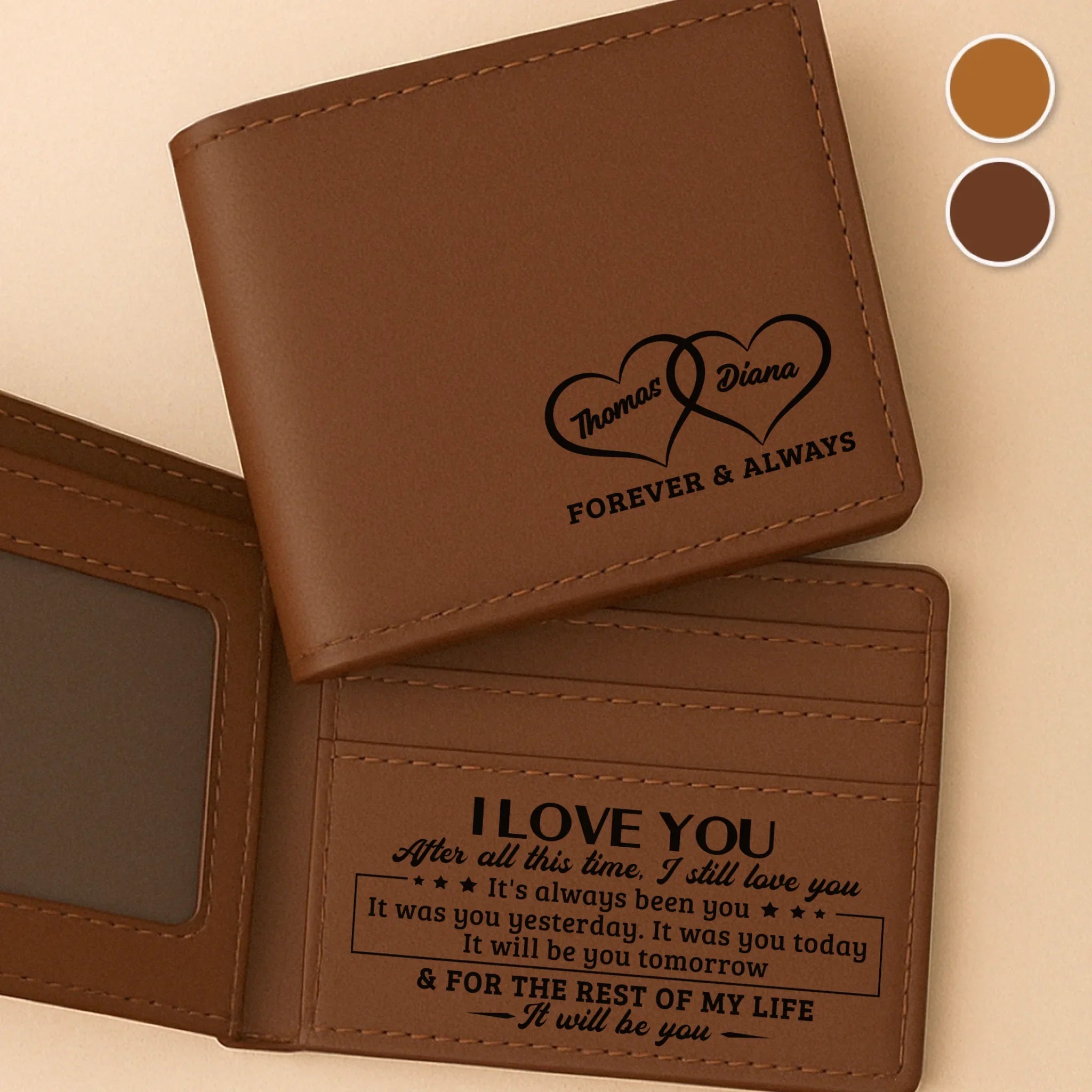 Custom Engraved Bifold Leather Wallet Two Sides - Personalized Anniversary Wedding Gifts For Husband And Wife, Him And Her - Endlessly In Love With You