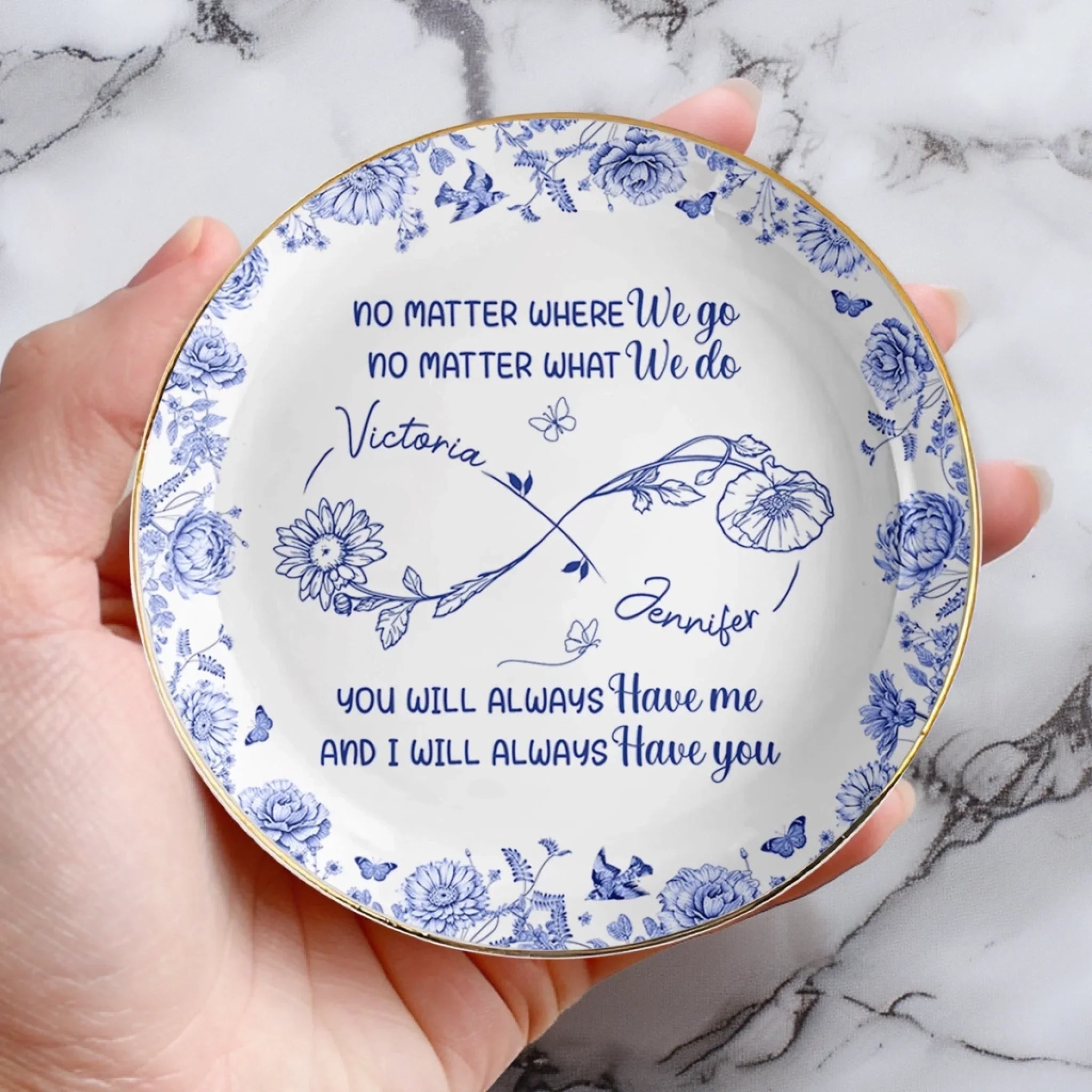 Custom Full-Print Round Jewelry Dish - Personalized Best Friend Birthday Gifts For Women, Besties, Sisters, BFF - Blooming Together Like Wildflowers