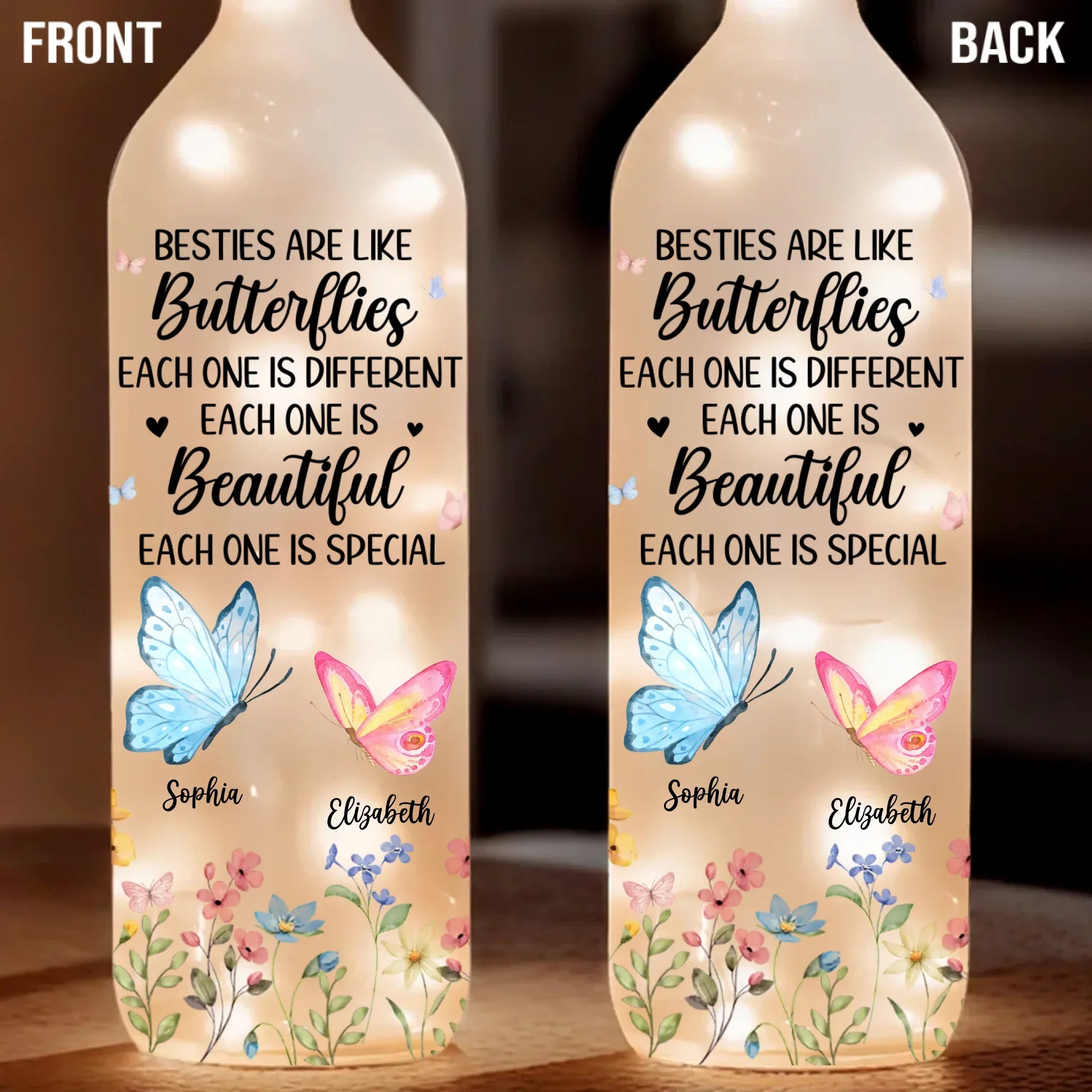 Like Butterflies, We Rise, Transform, And Shine - Bestie Personalized Custom Bottle Lamp - Gift For Best Friends, BFF, Sisters