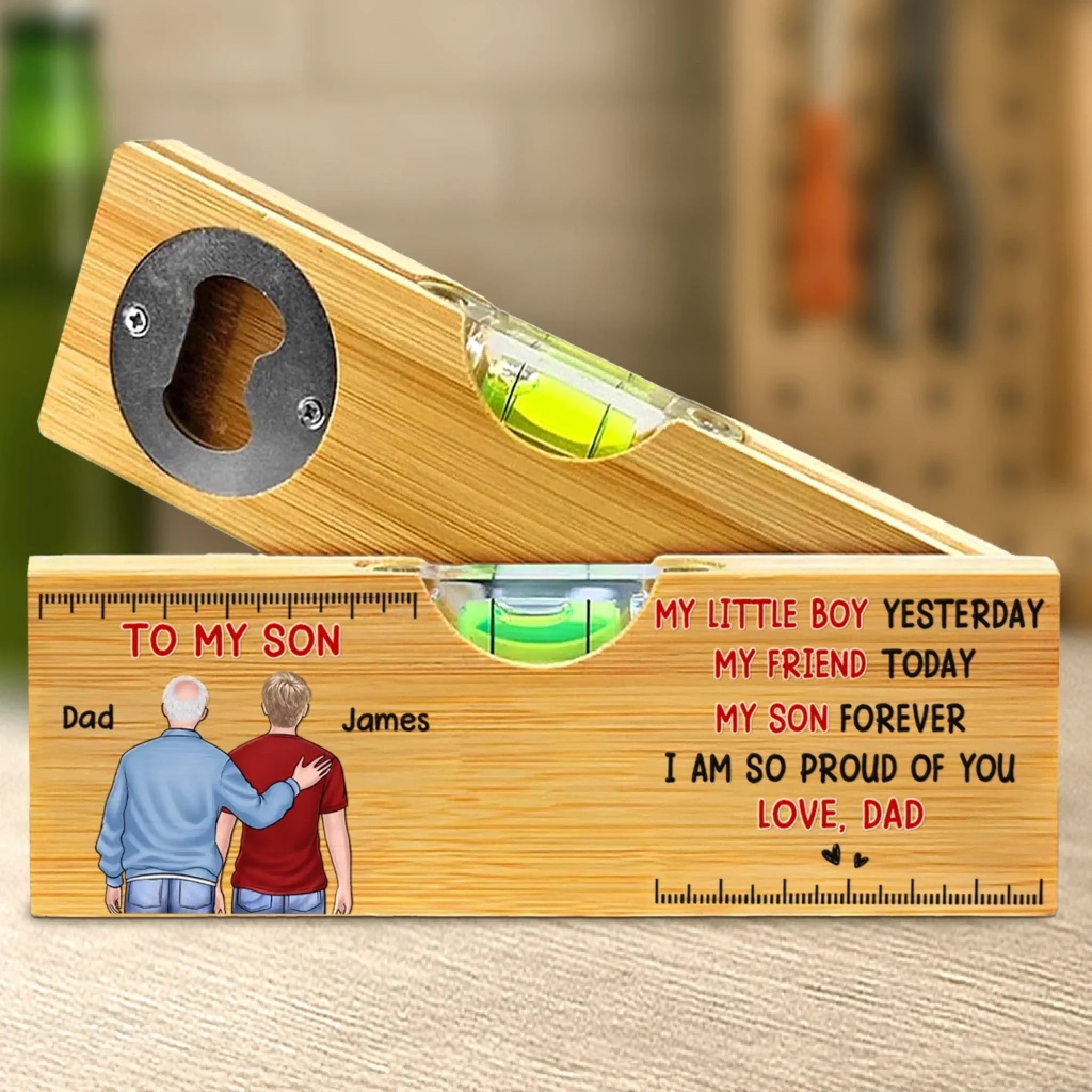 Custom Wooden Bottle Opener With Built-in Spirit Level - Personalized Birthday Gifts For Mom, Dad, Son - My Little Boy