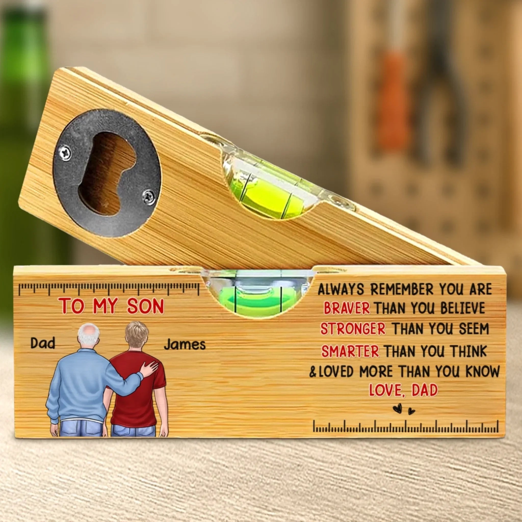 Custom Wooden Bottle Opener With Built-in Spirit Level - Personalized Birthday Gifts For Mom, Dad, Daughter, Son - Cheers To Us