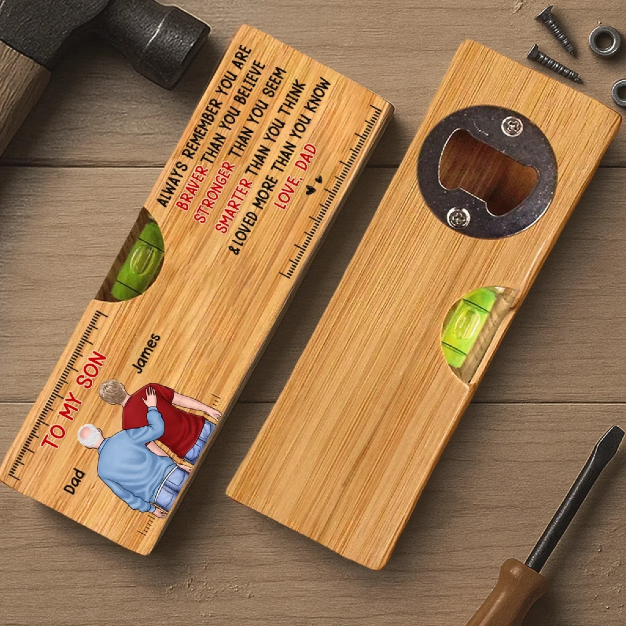 Custom Wooden Bottle Opener With Built-in Spirit Level - Personalized Birthday Gifts For Mom, Dad, Daughter, Son - Cheers To Us