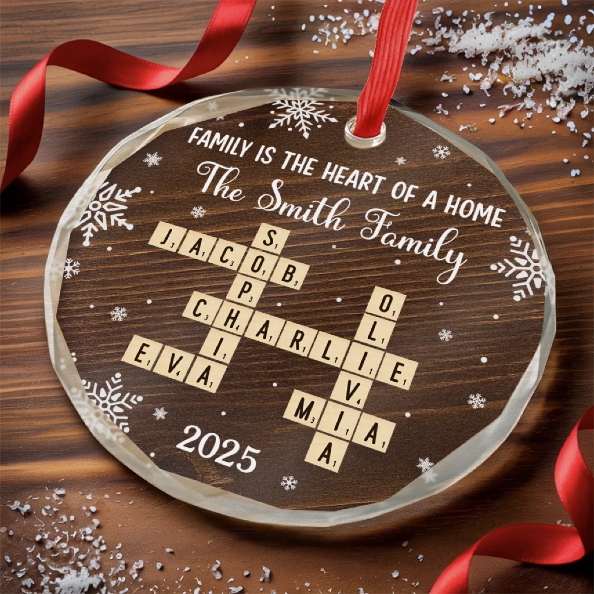 Custom Scrabble Circle Glass Ornament -   Personalized Christmas Birthday Gifts For Mom, Dad, Brother, Sister, Kids - Home Built With Shared Love