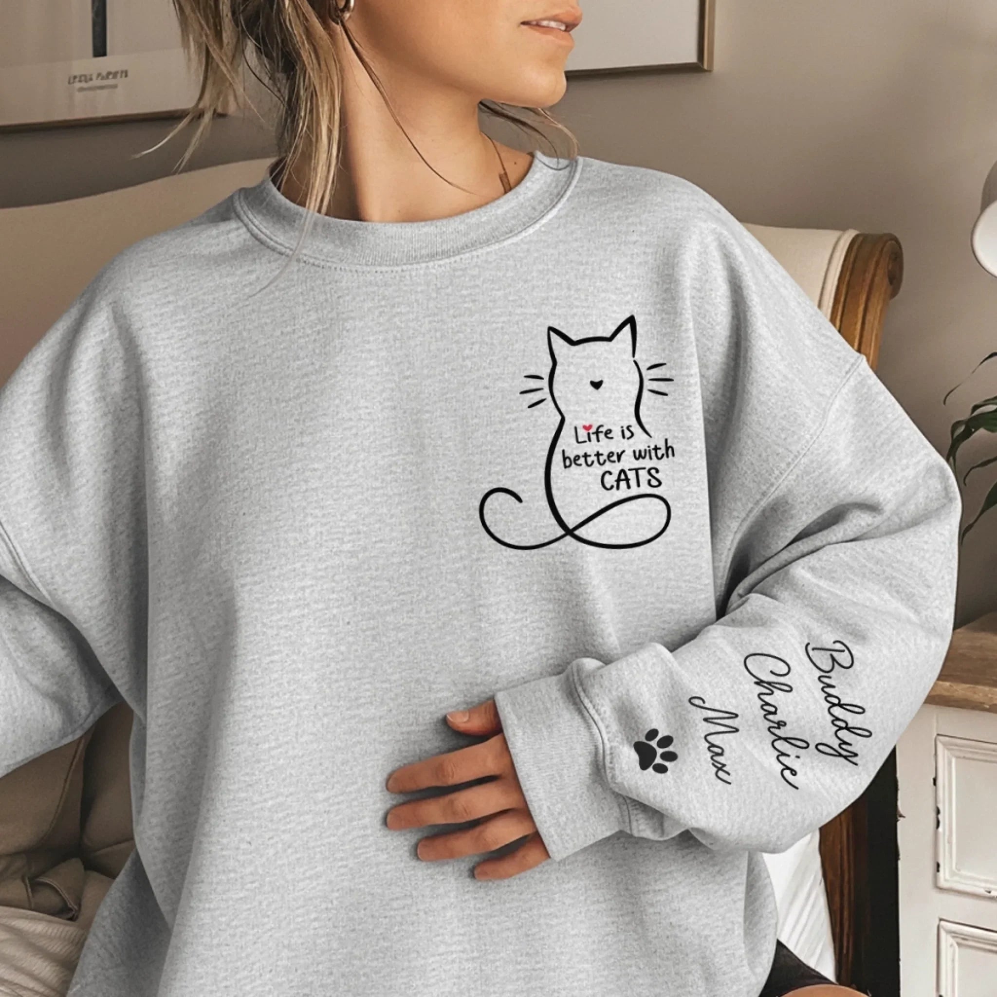 Custom Unisex Sweatshirt, Hoodie With Design On Sleeve -  Personalized Christmas Birthday Gifts For Cat Lovers, Cat Mom And Dad - Home Smells Like Cat Fur