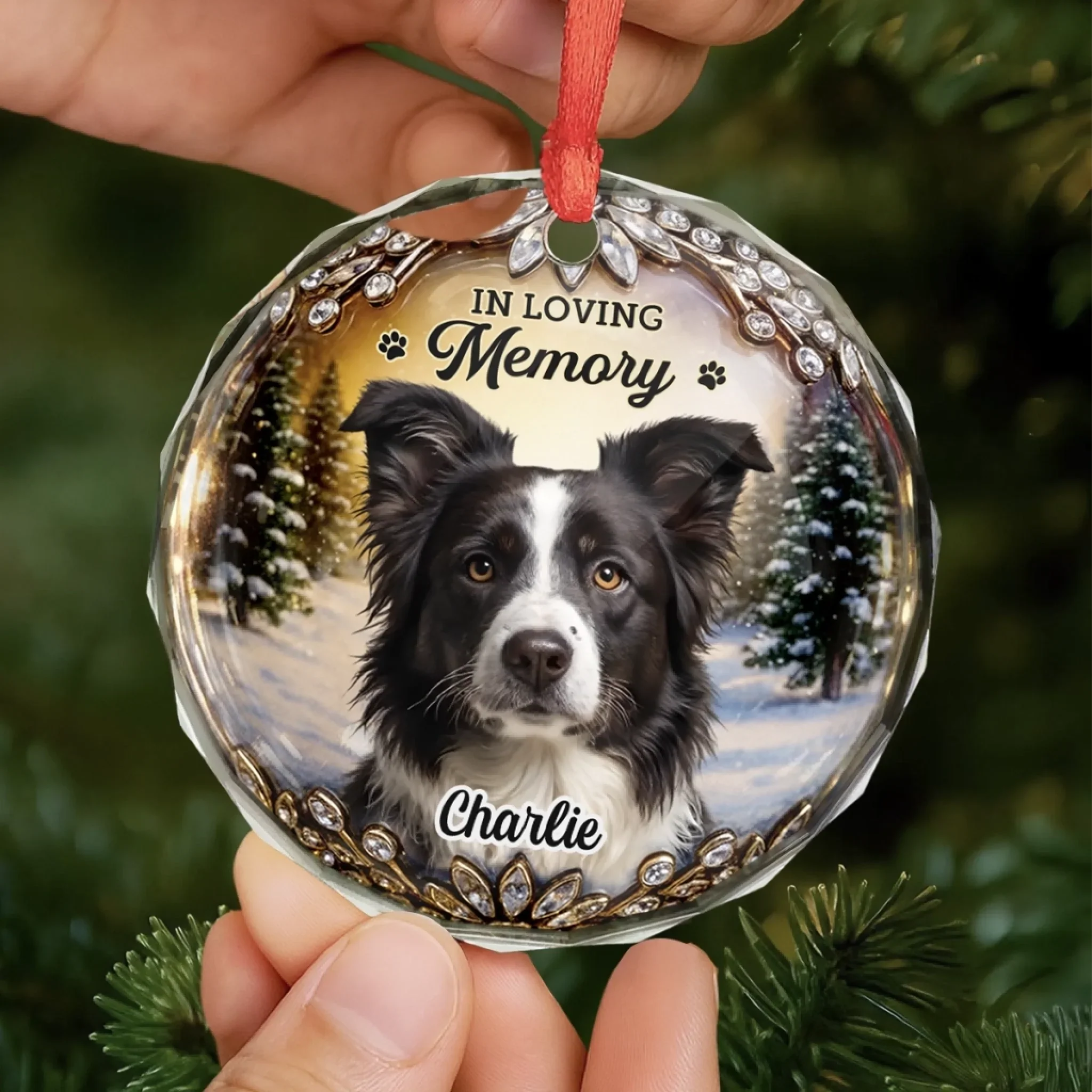 Custom Photo Circle Glass Ornament - Personalized Pet Christmas Memorial Sympathy Gifts For Dogs, Cats - Warm Memories Forever Loved