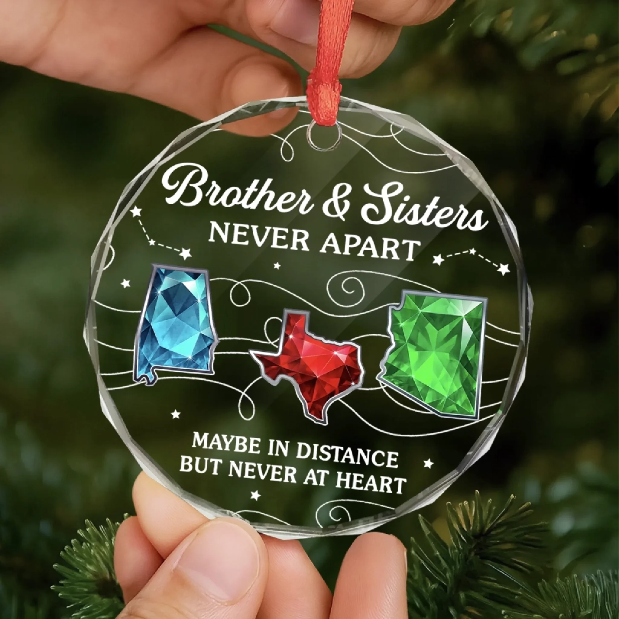 Custom Long Distance Circle Glass Ornament - Personalized Christmas Birthday Gifts For Brother, Sister - Miles Apart Hearts Aligned