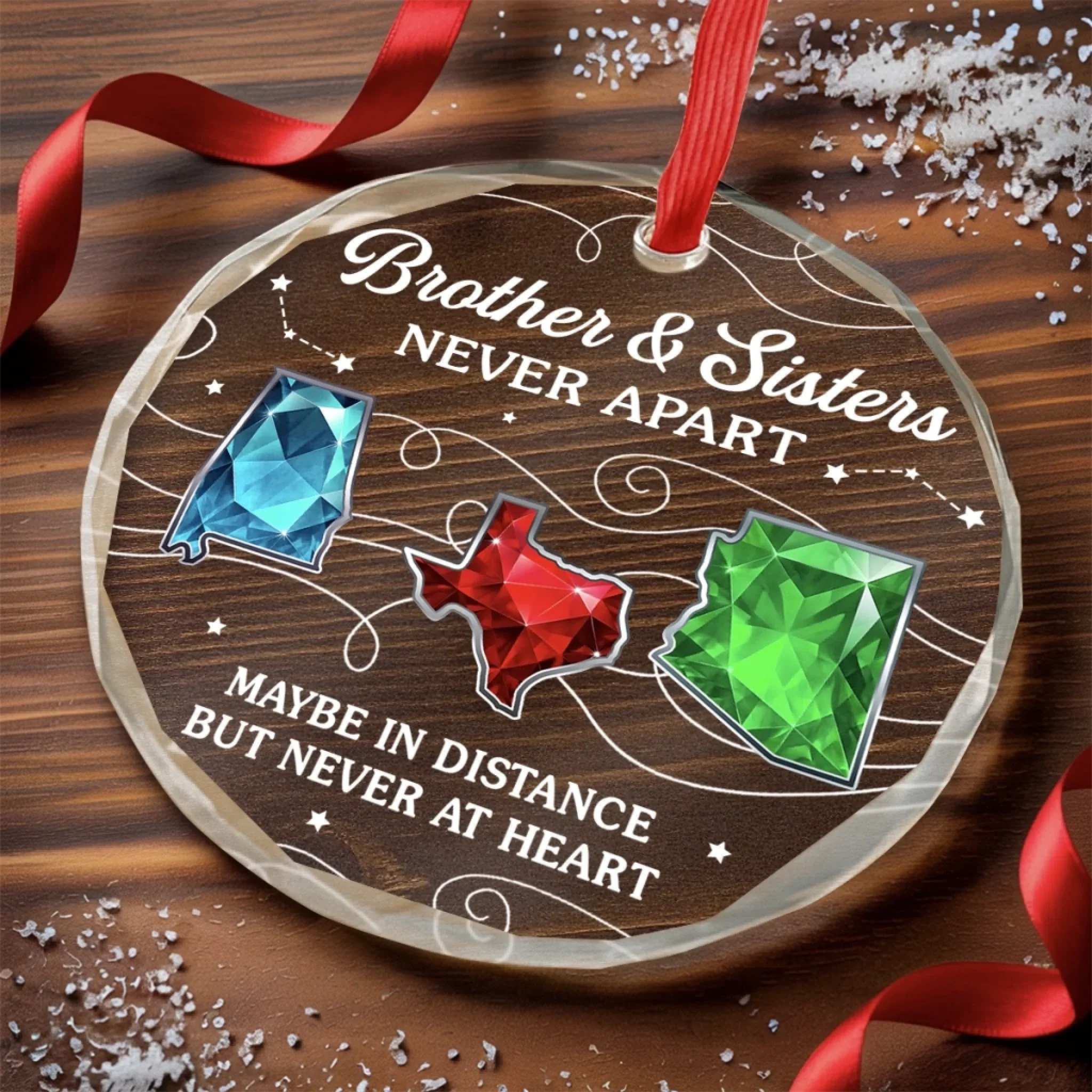 Custom Long Distance Circle Glass Ornament - Personalized Christmas Birthday Gifts For Brother, Sister - Miles Apart Hearts Aligned