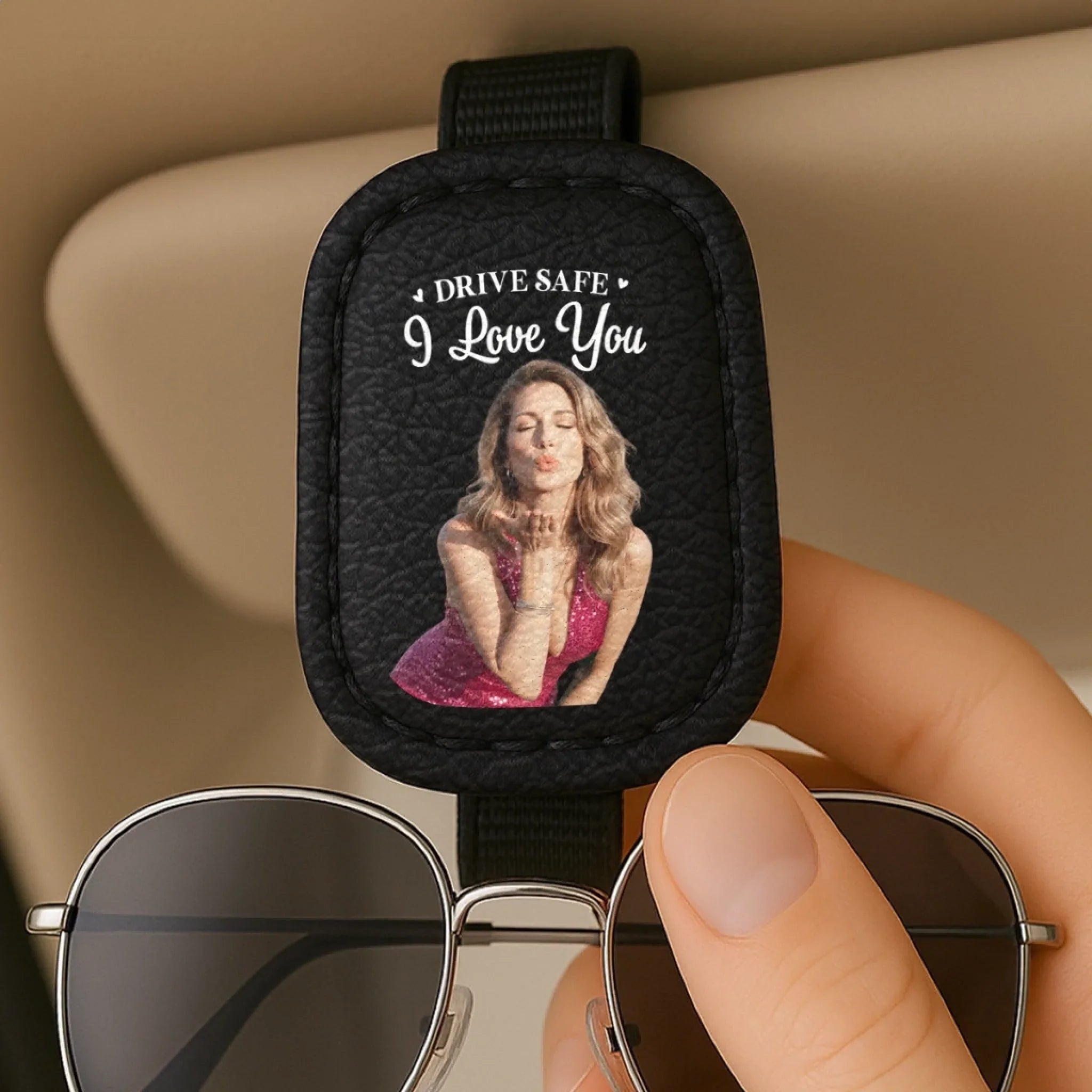 Custom Photo Leather Car Visor - Personalized Anniversary Wedding Gifts For Husband And Wife, Him And Her - Built For Love And Laughter