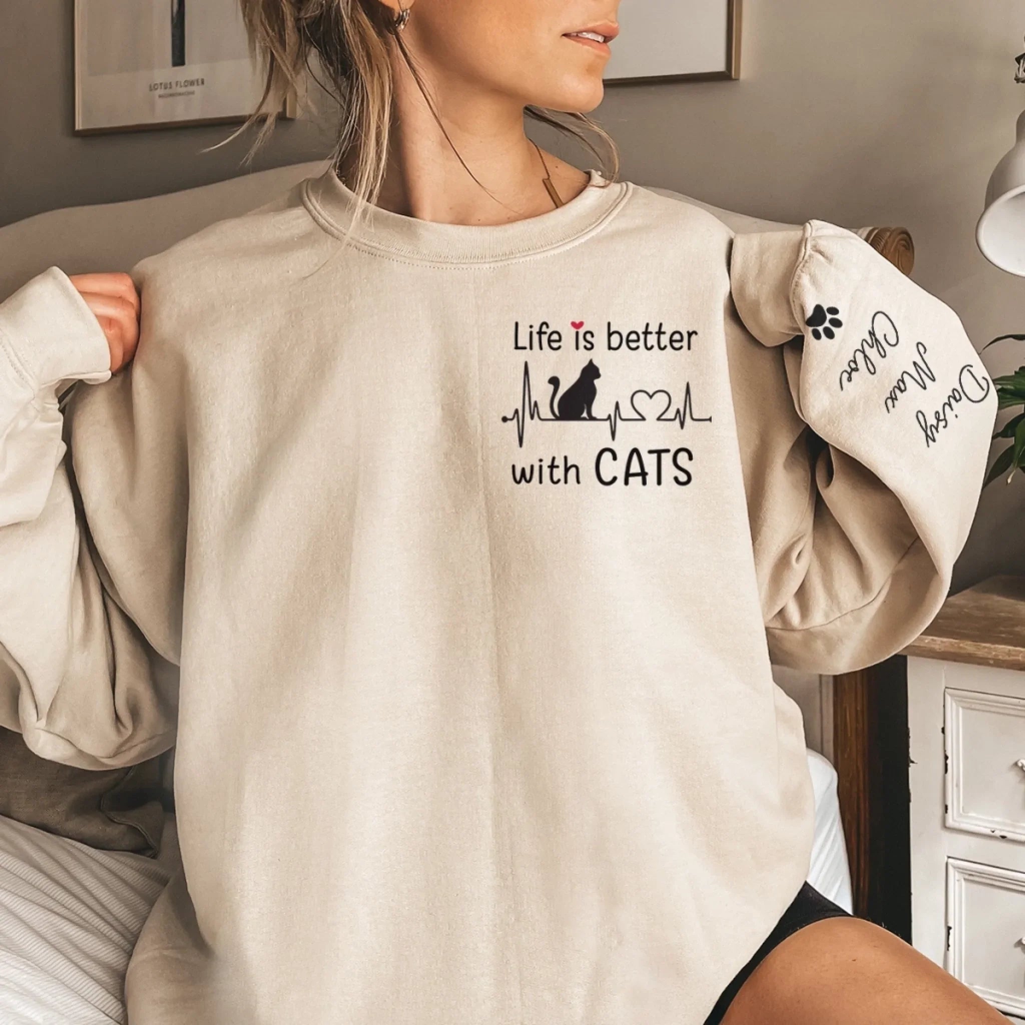 Custom Unisex Sweatshirt, Hoodie With Design On Sleeve - Personalized Christmas Birthday Gifts For Cat Lovers, Cat Mom And Dad - My Therapist Has Whiskers