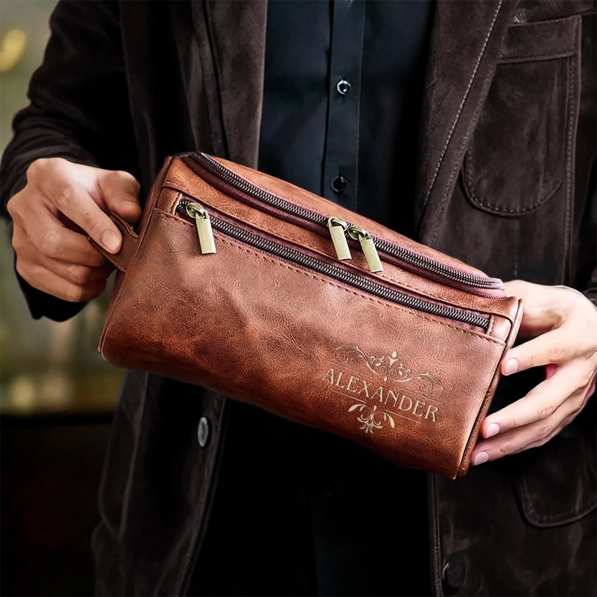 Custom Engraved Leather Toiletry Bag - Personalized Birthday Gifts For Dad, Brother, Grandpa, Husband - Crafted For A Good Man