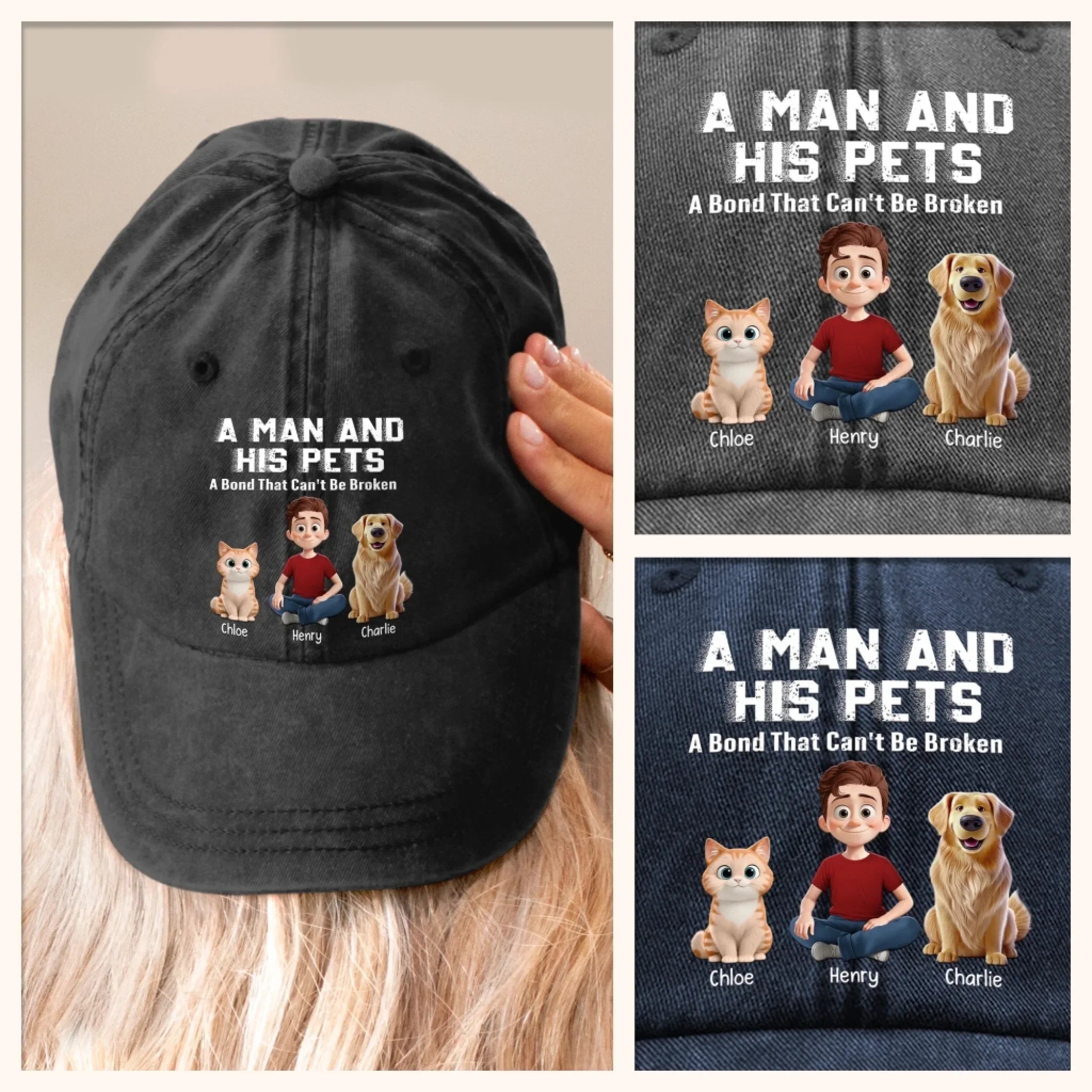 Custom Vintage Washed Denim Baseball Cap US - Personalized Birthday Gifts For Dog Cat Lovers, Dog Dad And Mom, Cat Owners - A Man And His Squad