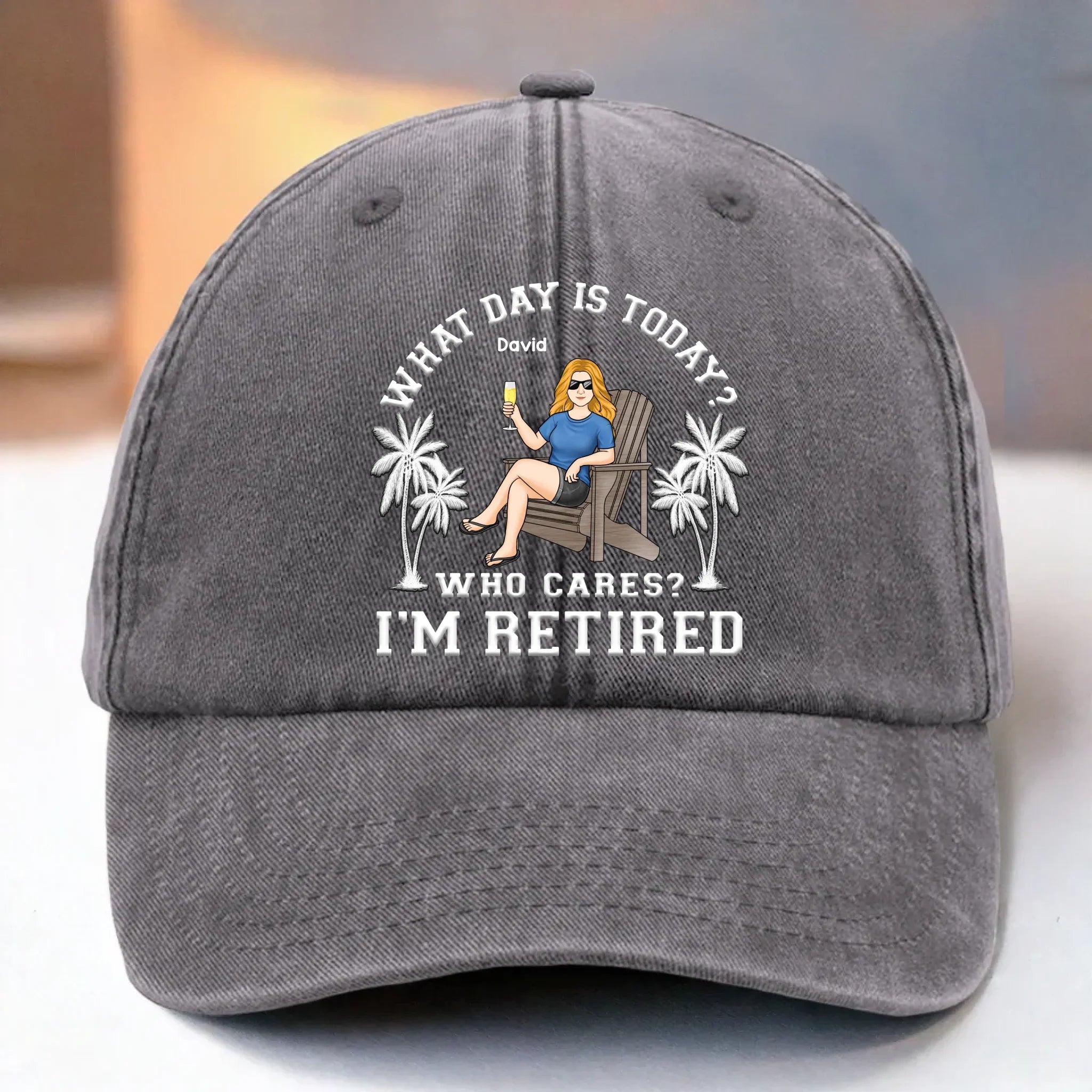Custom Vintage Washed Denim Baseball Cap US - Personalized Retirement Gifts For Women, Men - Living On Vacation Mode