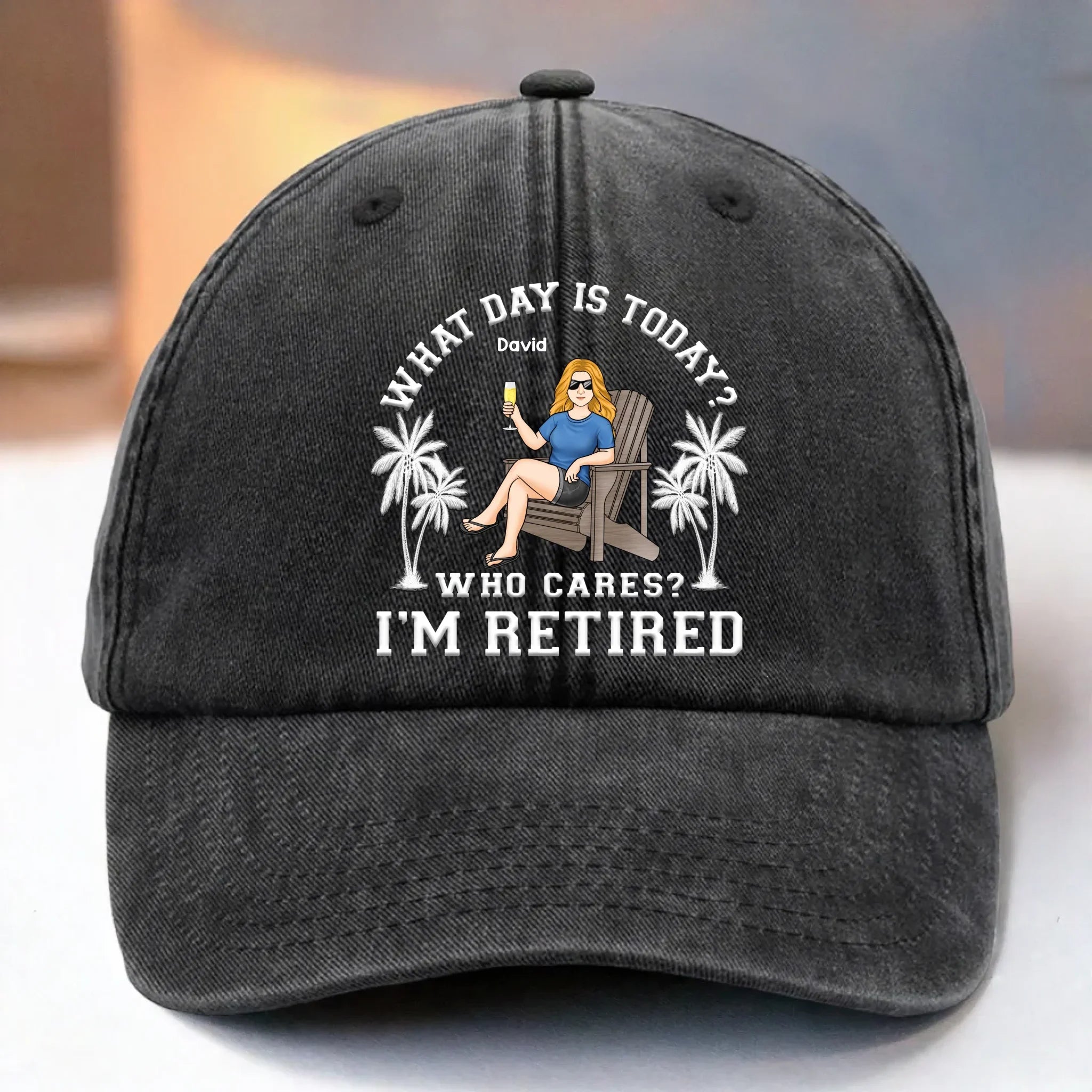 Custom Vintage Washed Denim Baseball Cap US - Personalized Retirement Gifts For Women, Men - Living On Vacation Mode