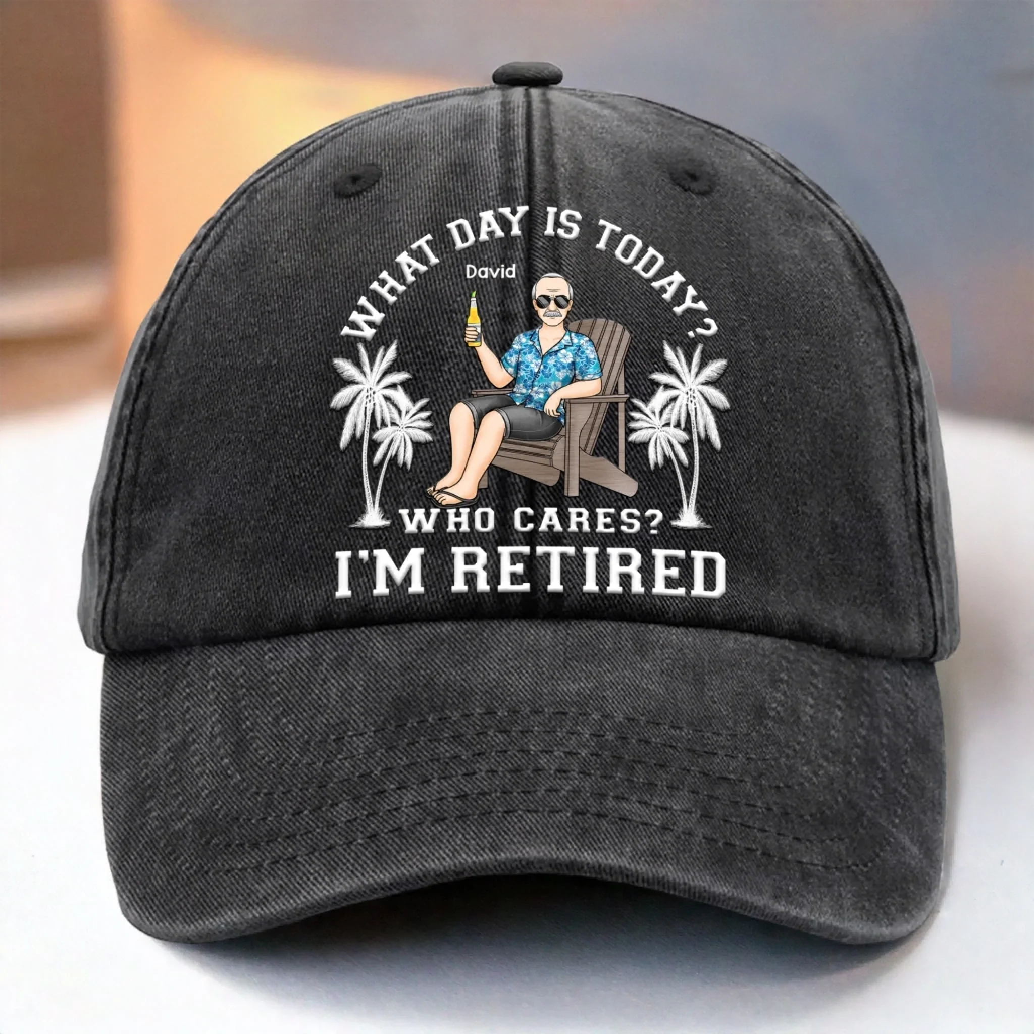 Custom Vintage Washed Denim Baseball Cap US - Personalized Retirement Gifts For Women, Men - Living On Vacation Mode
